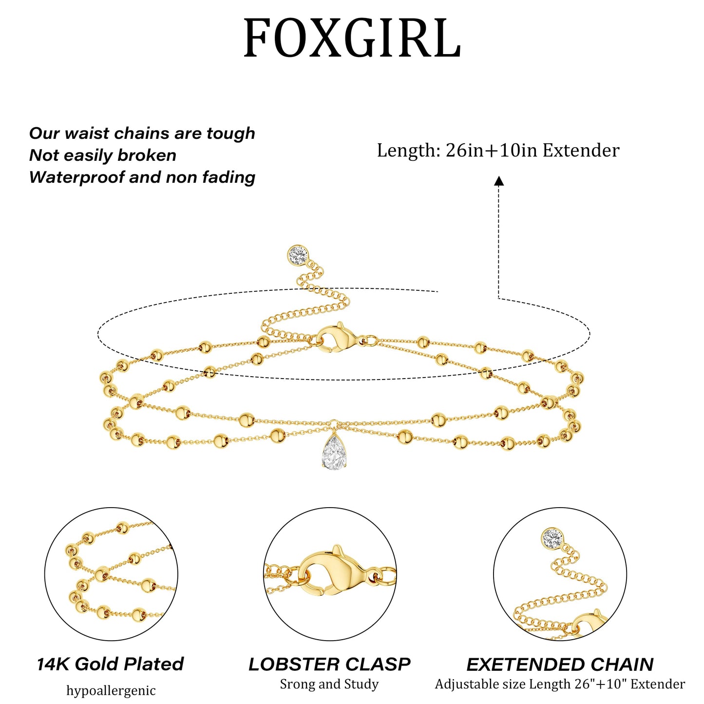 Foxgirl Gold Waist Beads for Women, 14K Gold Plated Layered Belly Chain Adjustable Waterproof Sexy Bikini Cubic Zircon Beads Chain Summer Non Tarnish Body Chain Jewelry Gifts