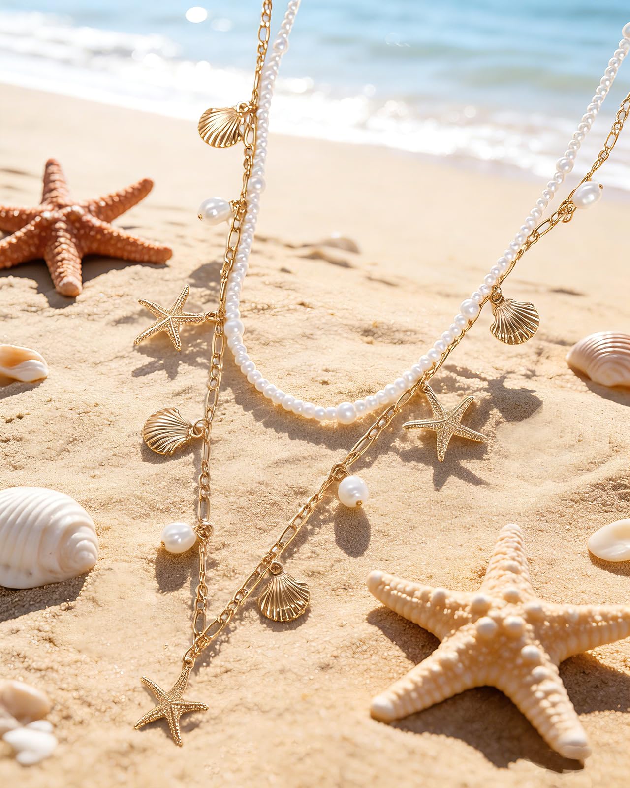 Ronglry 2pcs Gold Starfish Waist Chain for Women Layered Shell Belly Chain Beach Waist Beads Body Chains for Women Boho Adjustable Sexy Bikini Body Chain for Summer Beach Jewelry Accessories-shell