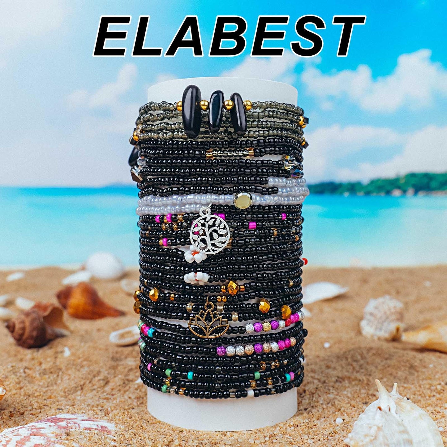 ELABEST 24-39inch African Waist Beads for Women 8Pcs Elastic Belly Beads Colorful Beaded Waist Jewelry Accessories Body Chain (Black, 47.2inch/120cm)