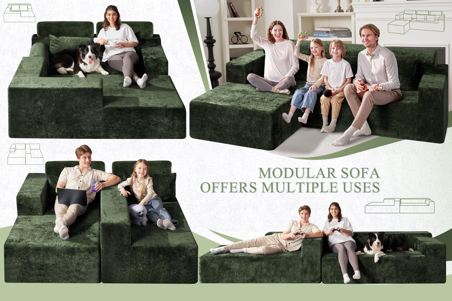HABUTWAY 105" L-Shape Modular Sectional Sofa Couch for Living Room,No Assembly Required,Modular Comfy Sofa with Deep Seat for Living Room Bedroom,Luxury Distressed Velvet(Left,Green)