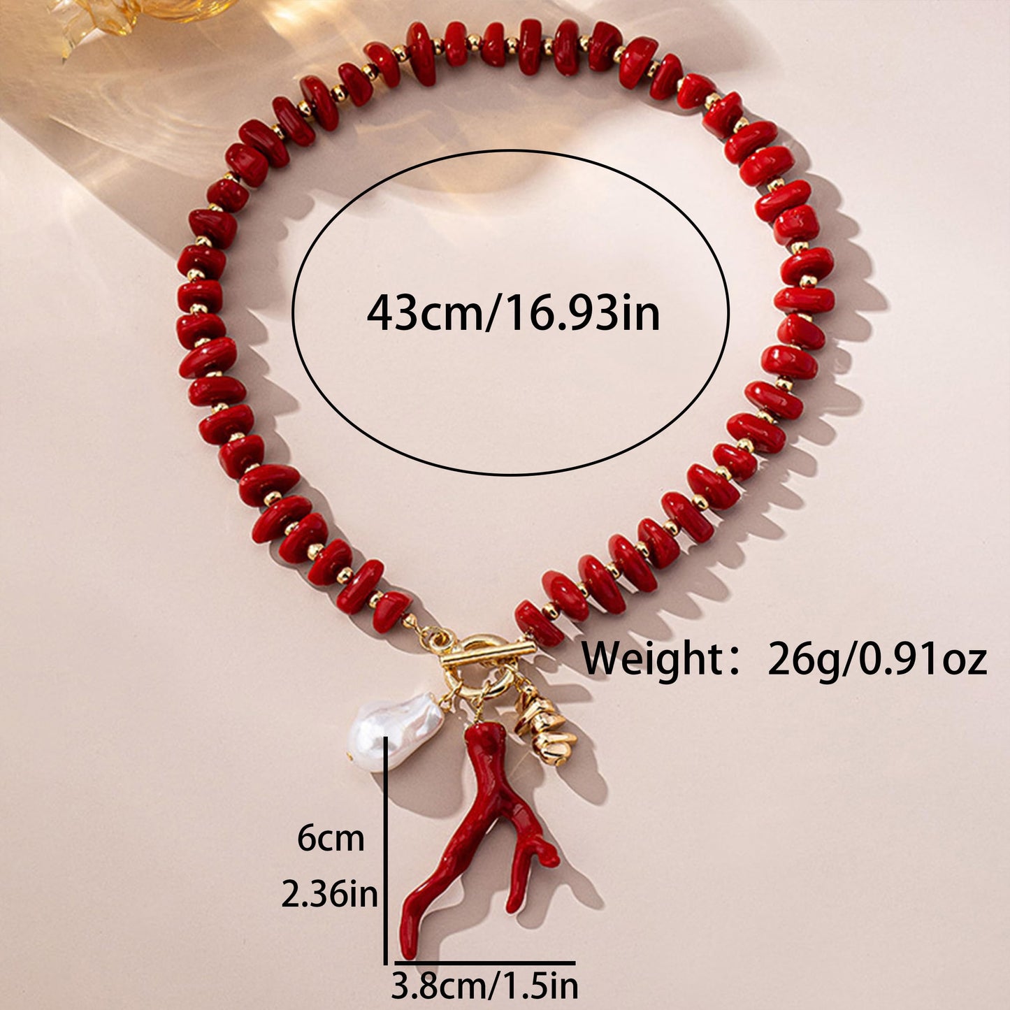 Ocean Coral Pendant Necklace for Women Green Acrylic Beaded Choker Gold OT Clasp Baroque Pearl Charm Necklace Boho Summer Beach Vacation Nautical Coastal Jewelry (Red)