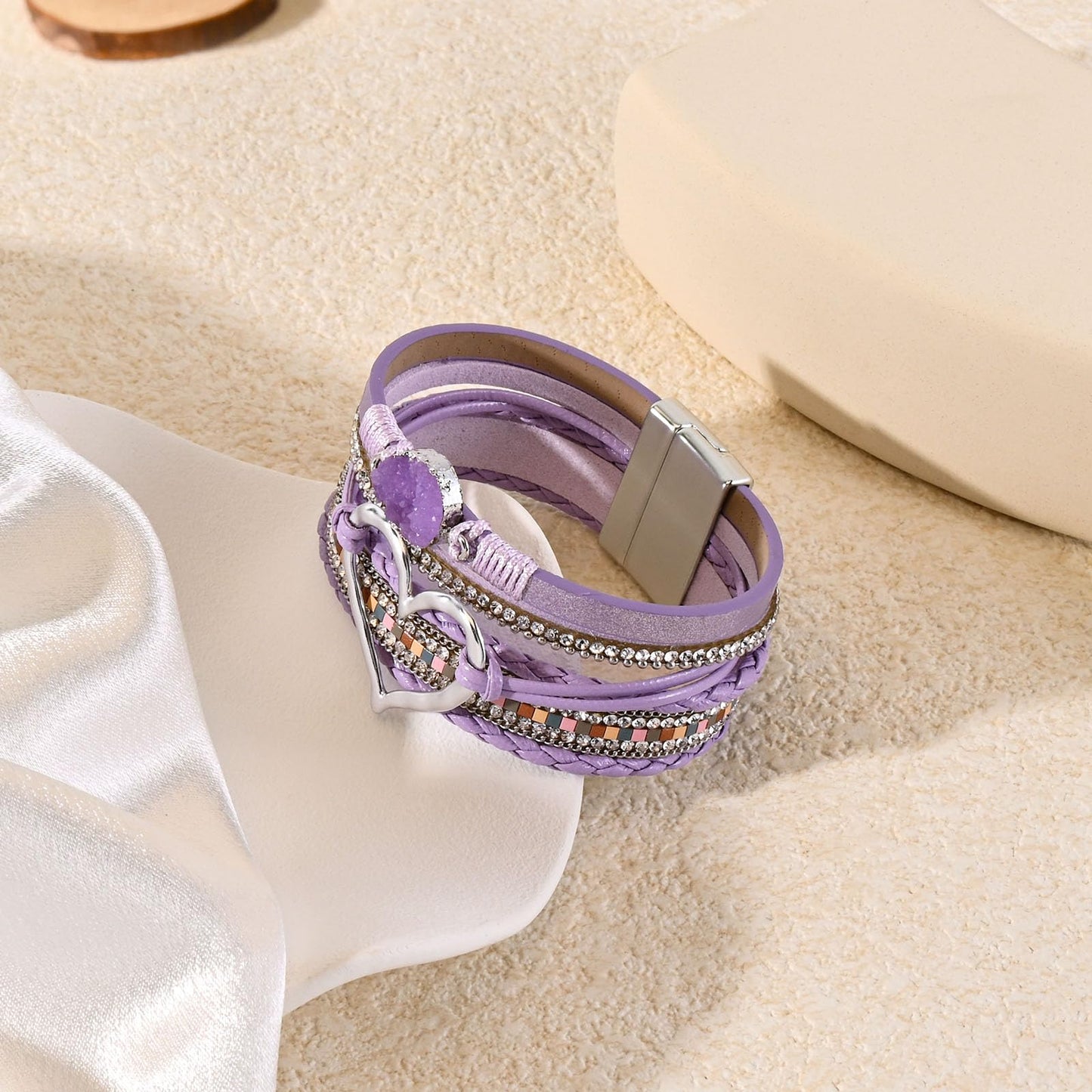 VIBILIA Boho Leather Wrap Bracelets for Women Heart Multi-Layer Bracelets with Strong Clasp Jewelry for Women - Purple