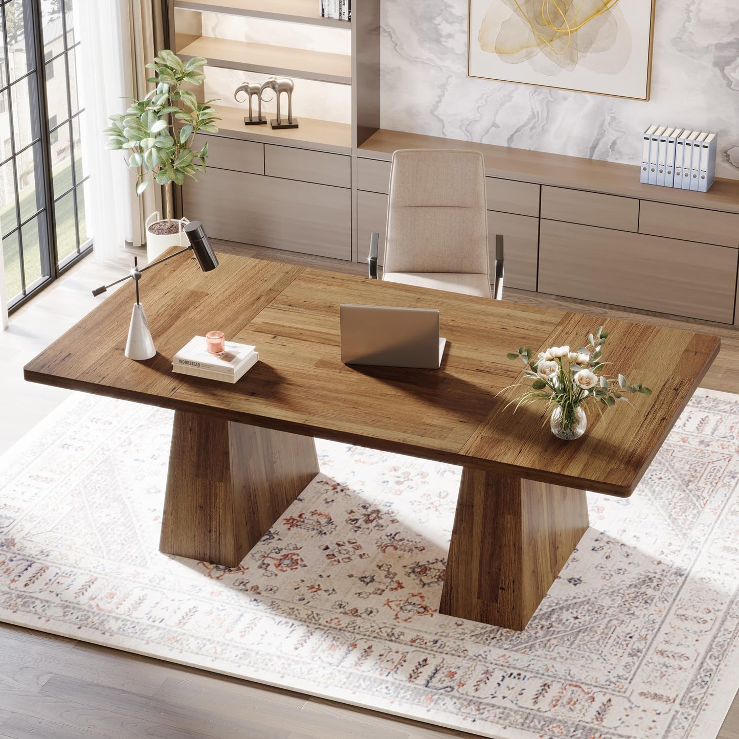 Tribesigns 63-Inch Executive Desk, Large Office Computer Desk with Double Pedestal, Modern Simple Workstations Writing Table Conference Table Business Furniture for Home Office, Light Brown