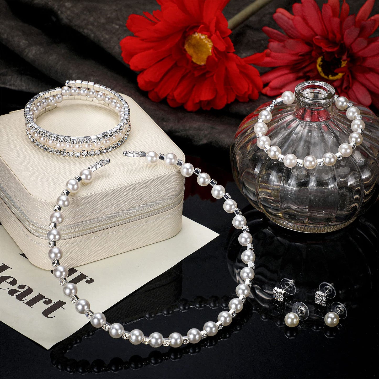 Glenmal Pearl Rhinestone Jewelry Set for Women Pearl Necklace Bracelet Earrings for Wedding Birthday Bridal Shower Tea Party(Charming Style)