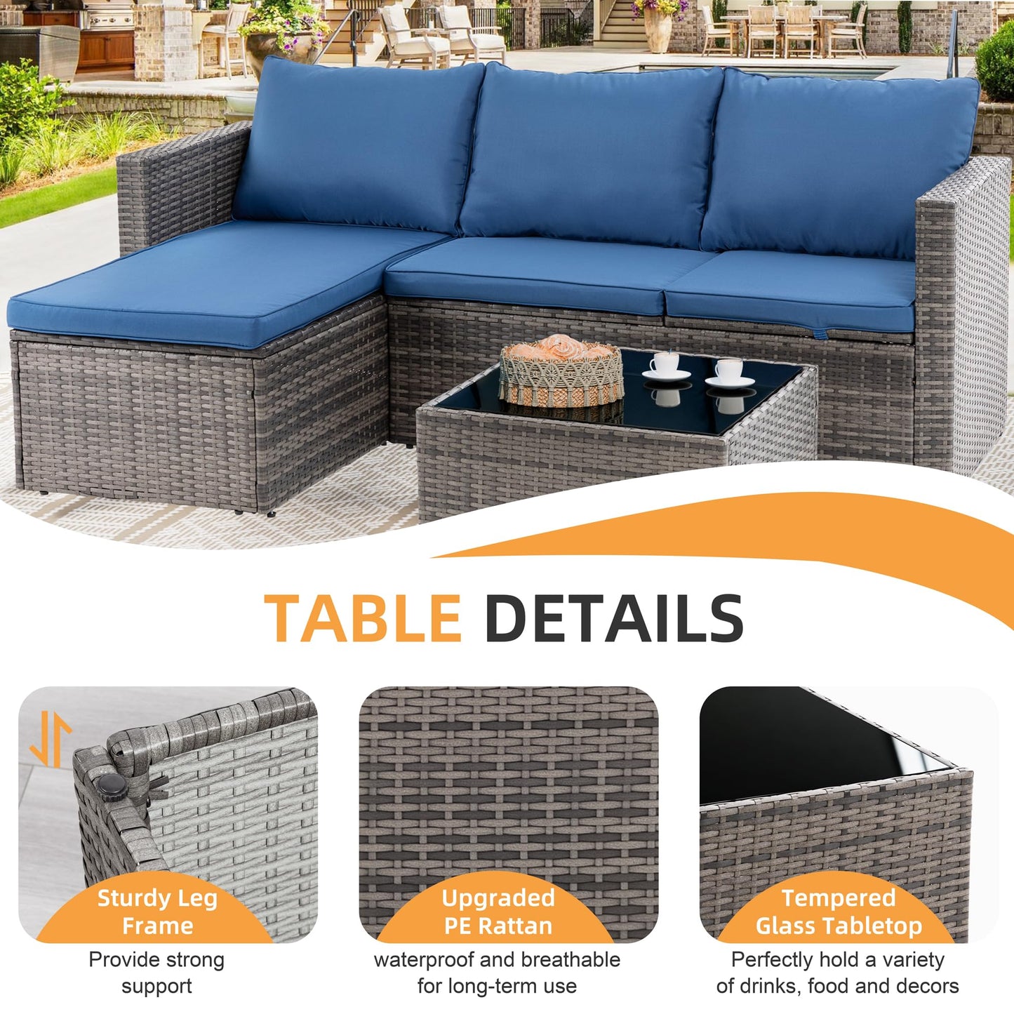 Shintenchi 4 Pieces Patio Furniture Sets, Outdoor Sofa Patio Sectional Sets All Weather, 2-in-1 Wicker Rattan Sofa Couch with Cushions & Coffee Table for Yard, Garden, Porch, Poolside (Navy Blue)