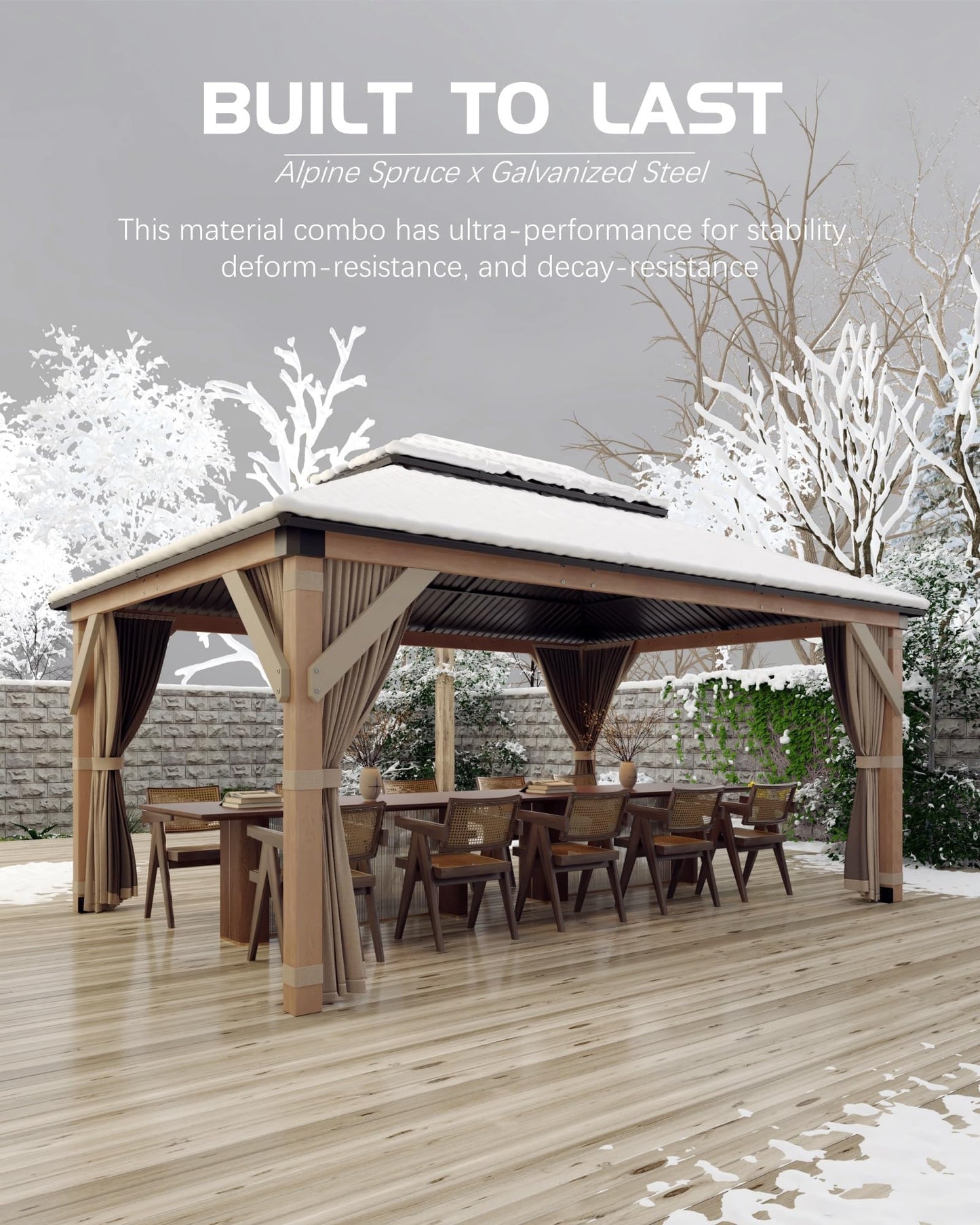 10x12 ft Hardtop Wood Gazebo for All Weather, Double Metal Roof, Heavy Duty Cedar Frame, Curtains & Netting, Permanent Outdoor Pavilion for Patio, Deck, Backyard, Lawn, Garden, Khaki