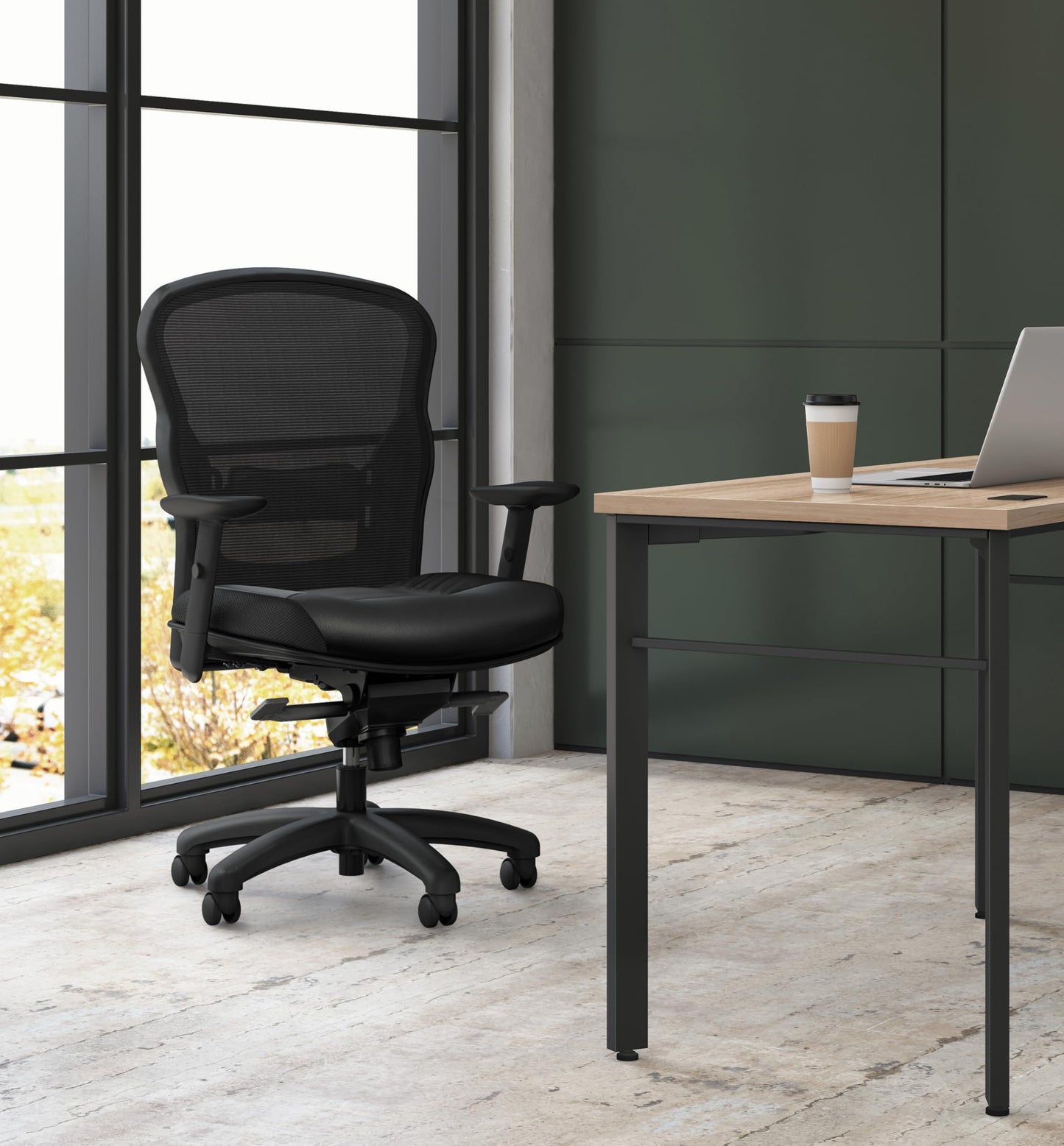 HON Wave High Back Ergonomic Office Chair with Leather Seat and Breathable Mesh Back, Adjustable Arms, Synchro‑Tilt Recline and Swivel Wheels for Desk and Computer Use, Black