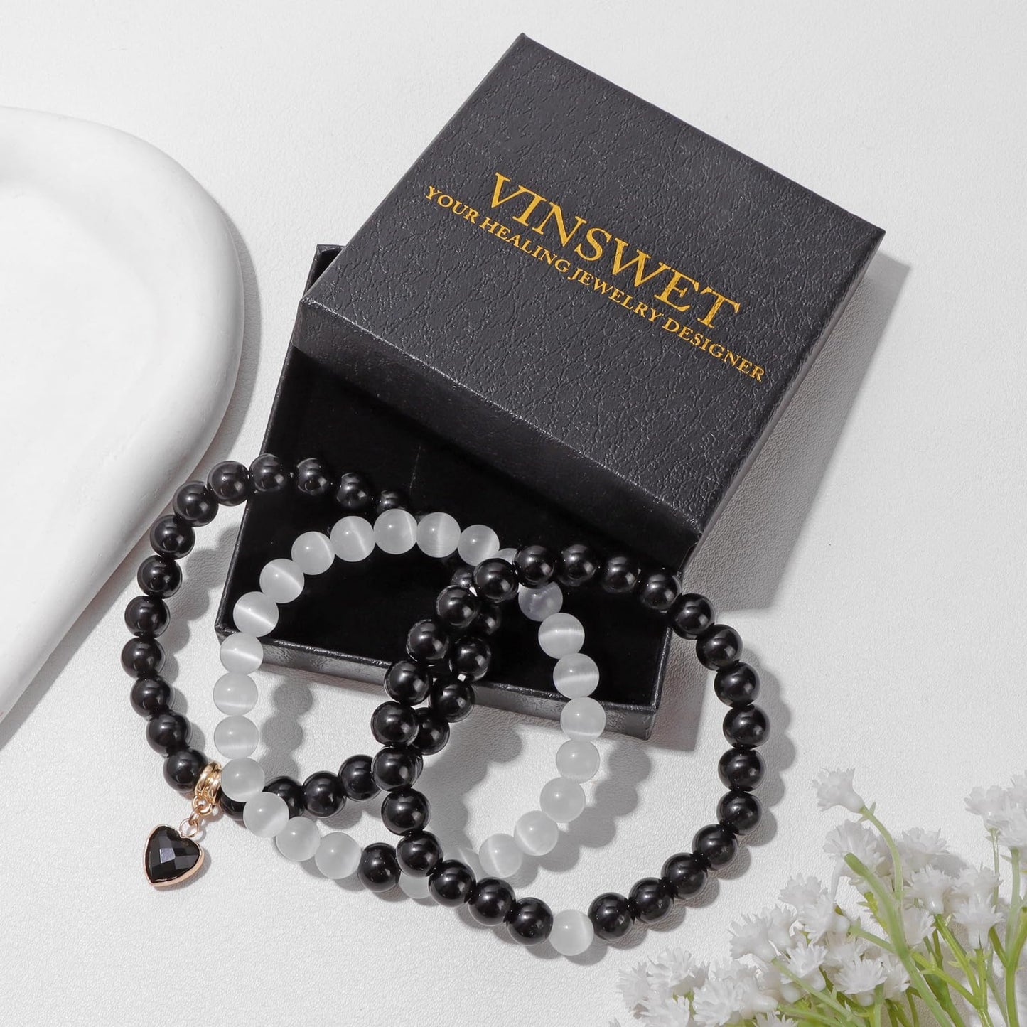 Vinswet Healing Crystal Beaded Bracelets for Women,Natural Amethyst Gemstones Bracelet,Anxiety Stress Relief Heart Charm Bracelet Handmade purple Jewelry Gifts for Women (Black agate&Moonstone)