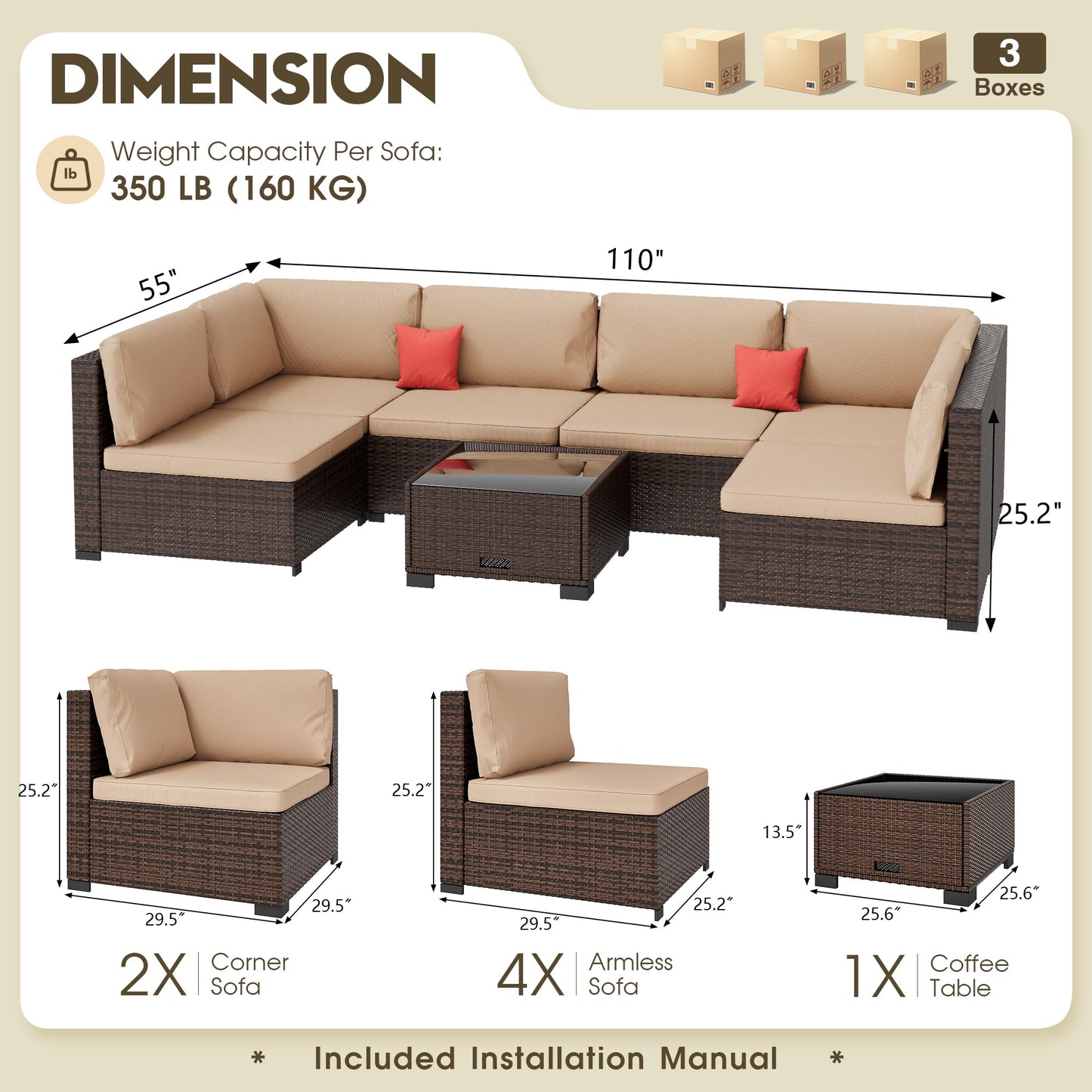 LHBcraft 7 Piece Outdoor Patio Furniture Set, Wicker Hand-Woven Patio Furniture Set Outdoor Patio Sectional Sofa for Backyard Rattan Seating with Beige Cushion