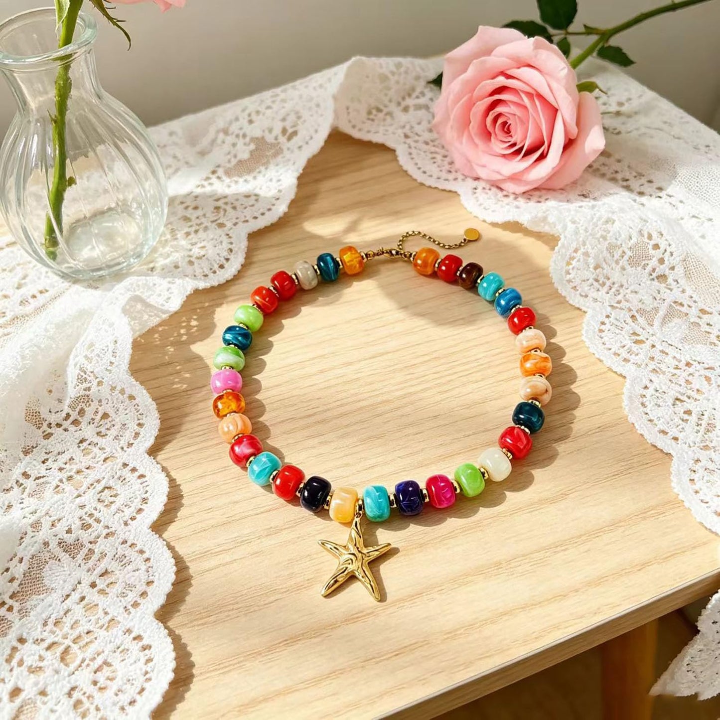 YHGDY Chunky Beaded Starfish Shell Necklace for Women Colorful Boho Bead Choker Necklace Summer Beach Necklace Trendy Chunky Jewelry Gifts (Gold Starfish)
