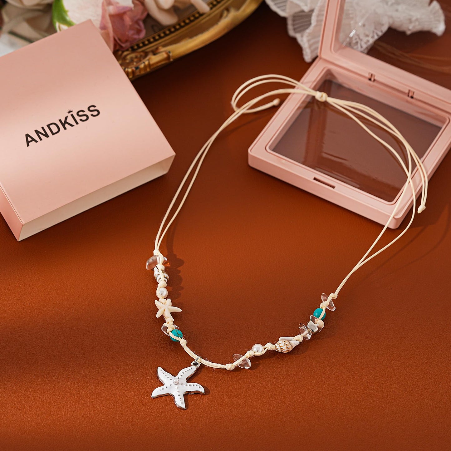 ANDKISS Sea Shell Necklace for Women Summer Adjustable Natural Starfish Necklace Boho Hawaii Beach Seashell Choker Jewelry Gift for Women