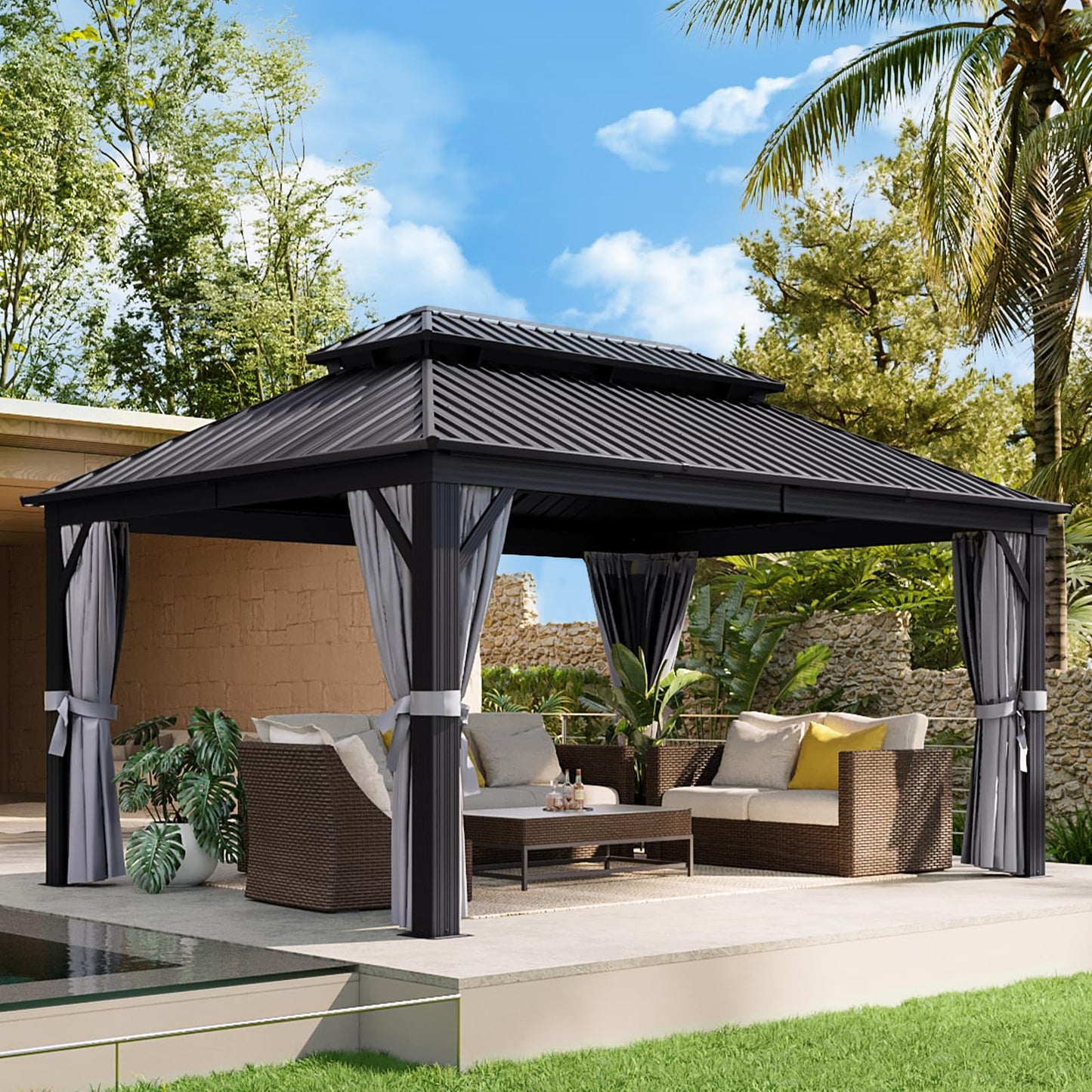 Aoxun 12FT X 16FT Hardtop Gazebo, Outdoor Pergolas with Mosquito Netting and Curtains, Galvanized Steel Double Roof Permanent Metal Gazebo, for Gardens, Decks, Patios, Parties