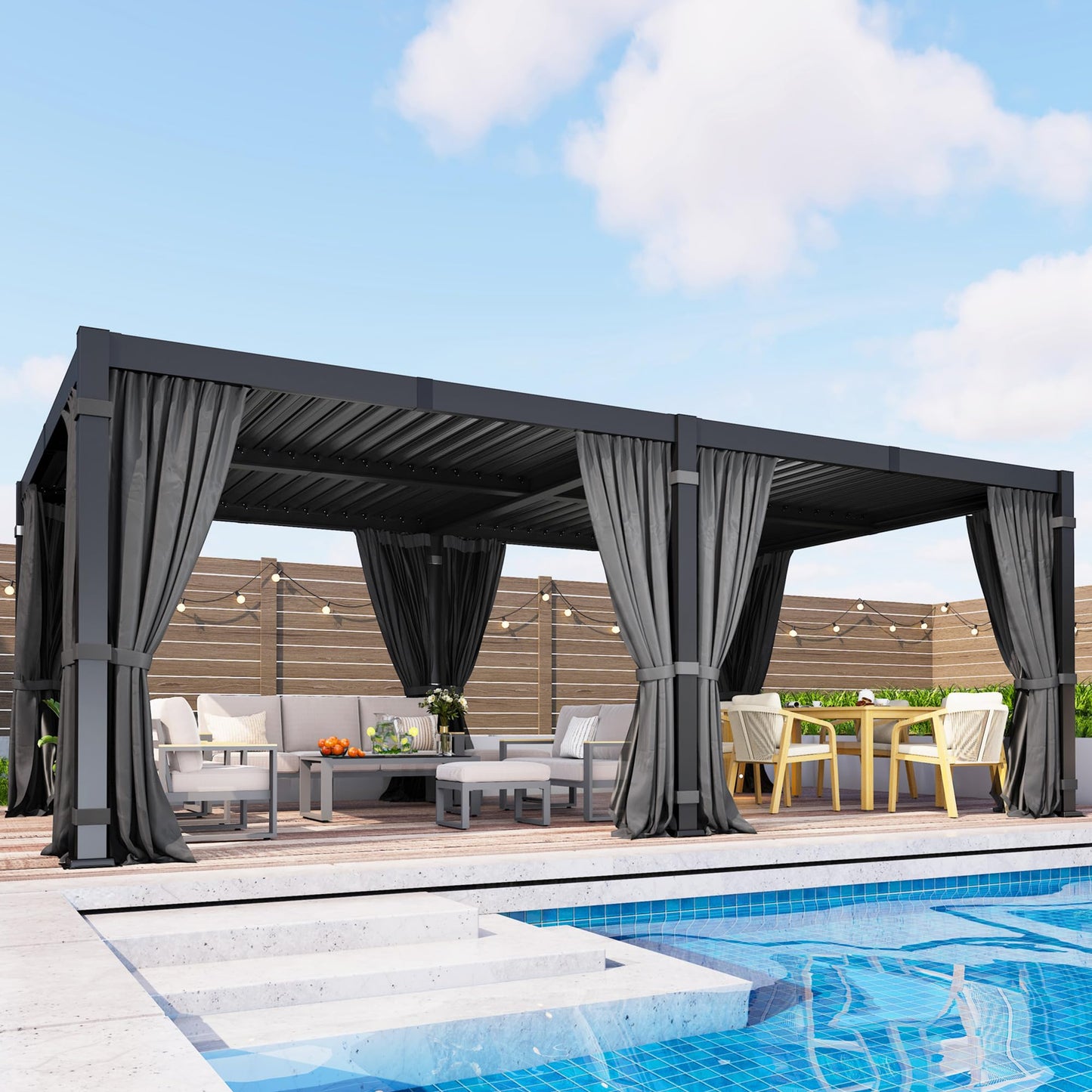 12' x 20' Louvered Pergola, Metal Outdoor Pergola with Adjustable Louvered Roof, Curtains & Netting, Gutter System, Hardtop Patio Gazebo for Patio, Deck, Garden, Yard, Dark Gray