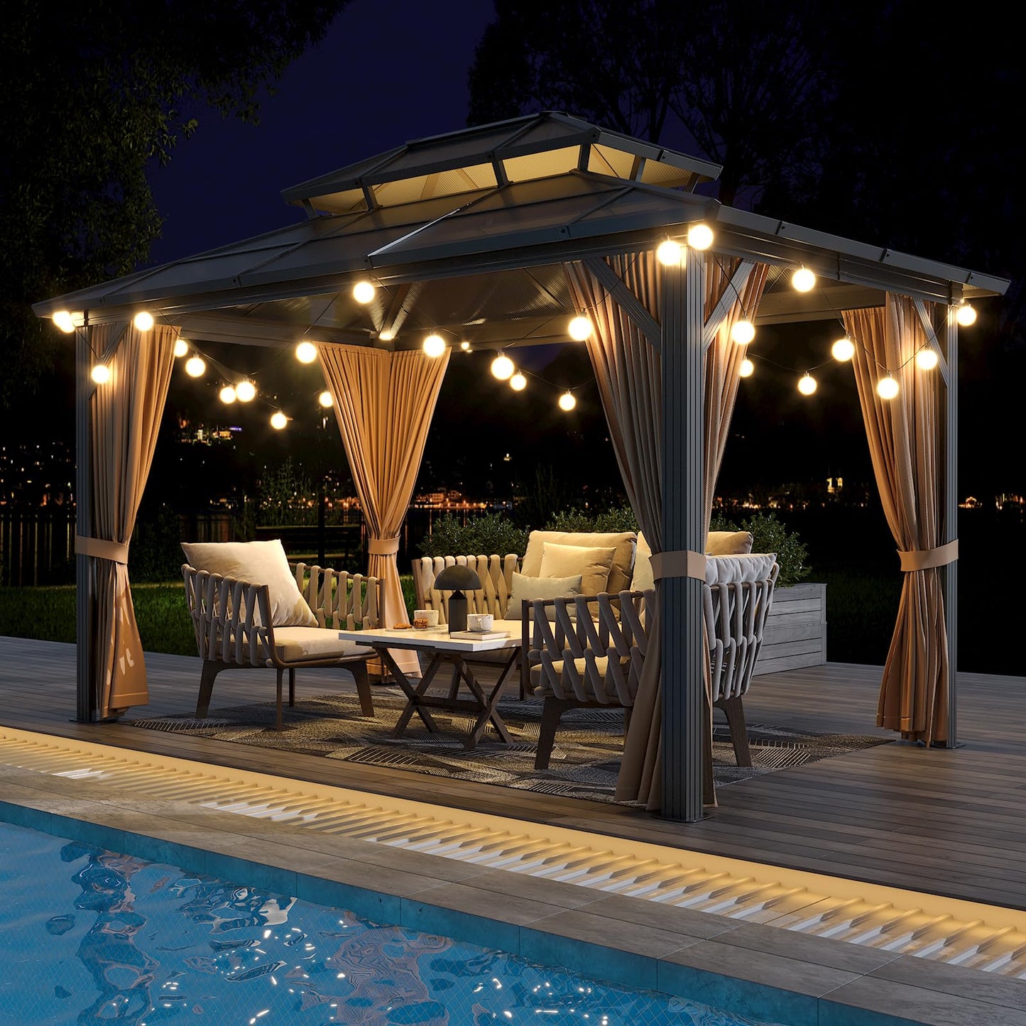 10x13 ft Permanent Aluminum Gazebo with Double-Layer PC Roof, Sturdy Metal Pavilion Canopy, All-Weather Outdoor Sunshade Structure with Retractable Curtains for Patio, Backyard, Garden, Deck