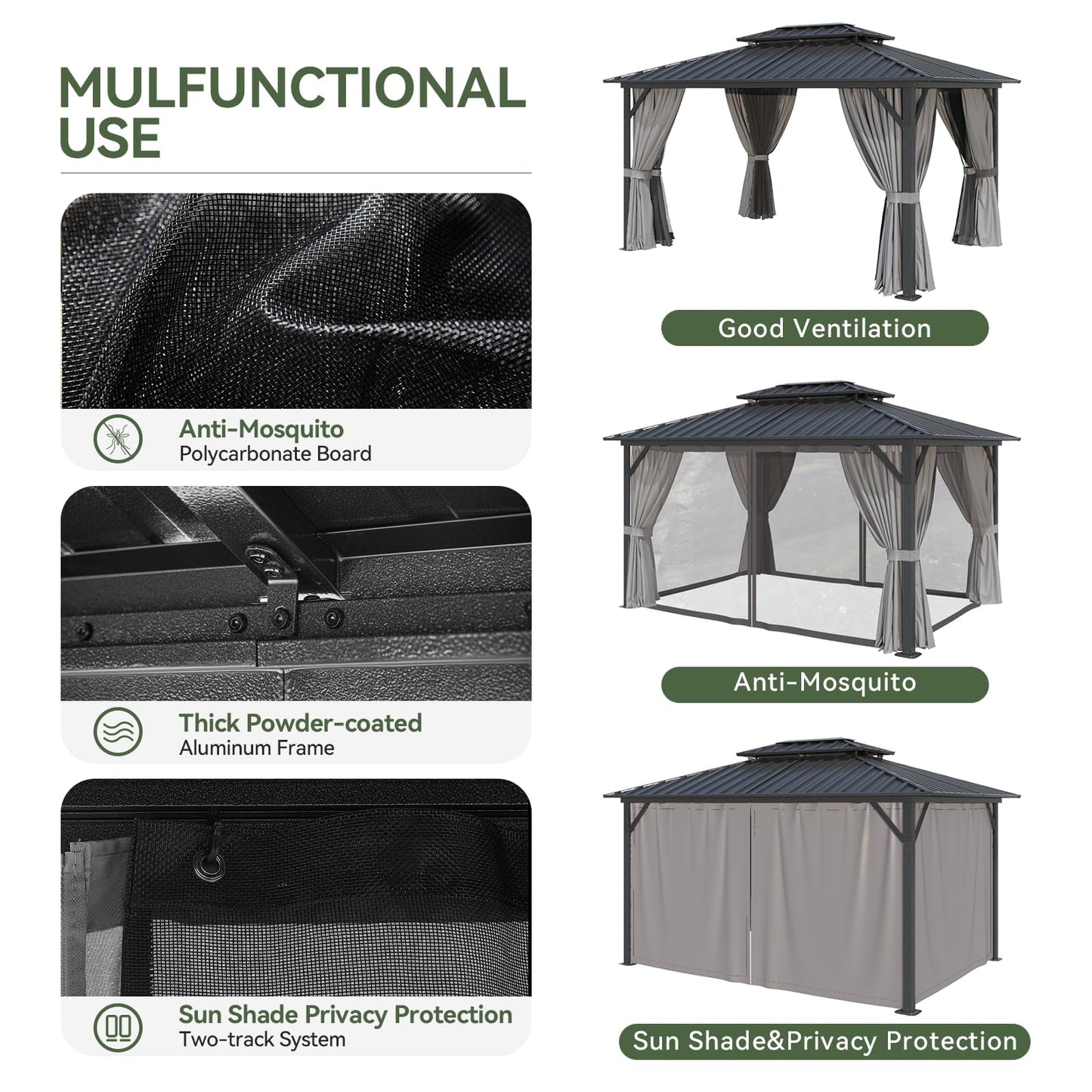Aoxun 10'x12' Hardtop Gazebo, Aluminum Frame Canopy with Double Galvanized Steel Roof, Outdoor Metal Pavilion with Netting, and LED Outdoor Waterproof Hanging Lights