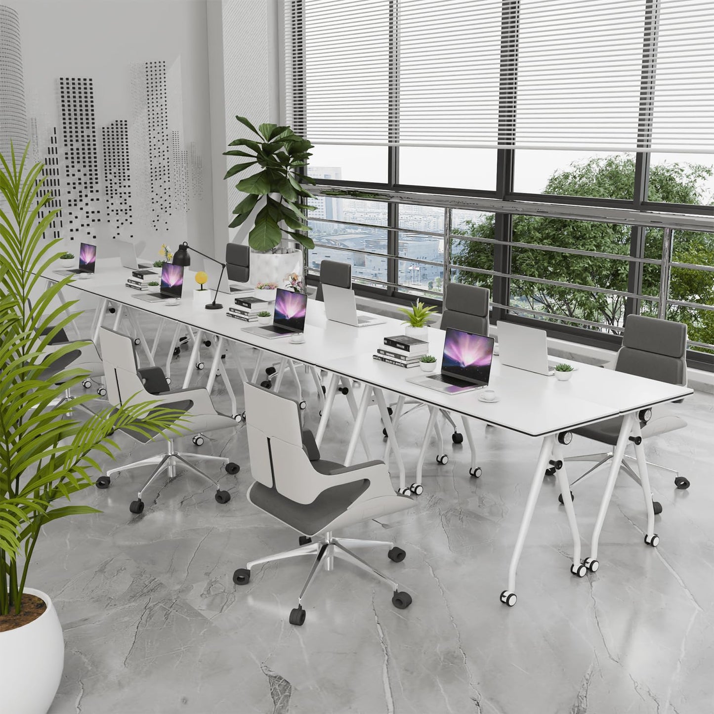 Conference Table with Wheels, Folding Conference Table with Knob & 4 Brake Casters, Modular Flip Top Mobile Conference Room Table for Office, Meeting, Training Room, Class (8, White, 55.1in)