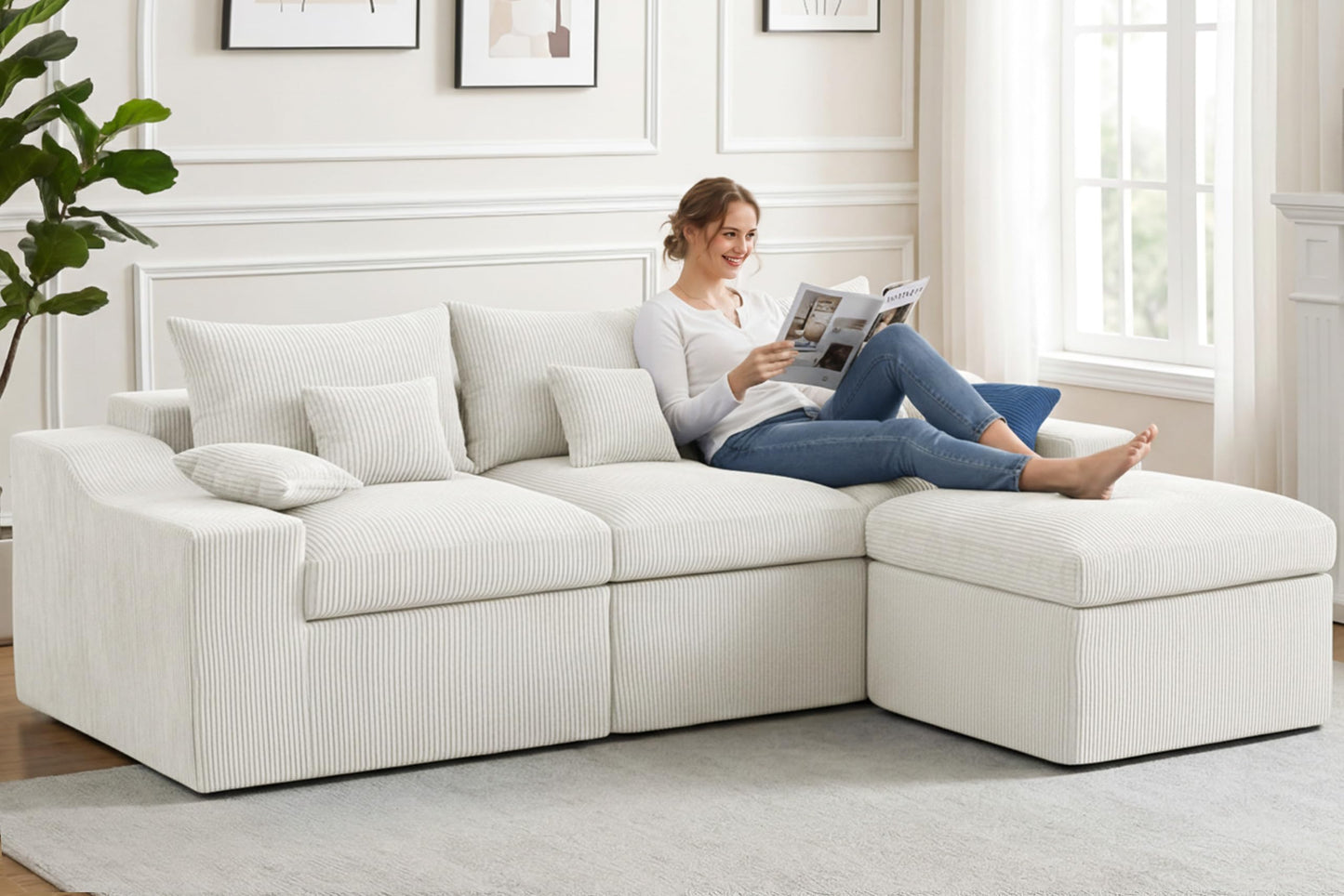 HABUTWAY 104" L Shaped Cloud Sectional Couch, Boneless Modular Sectional Sofa with Deep Seat, Corduroy Couches for Living Room, Modular Couch, No Assembly Required (Beige)