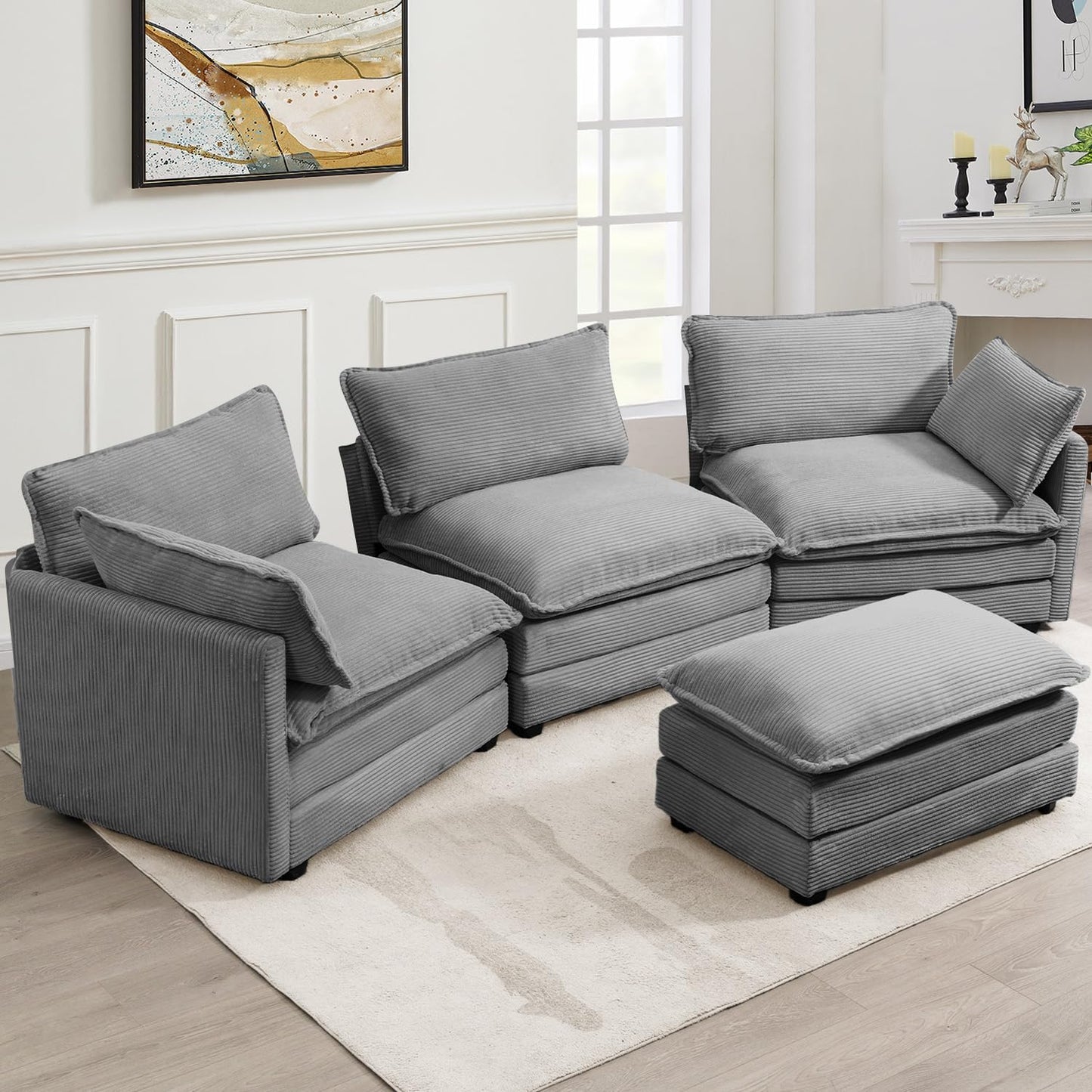 ROWHY 112'' Modular Sectional Cloud Couch with Movable Ottoman, 4 Seat Modern Corduroy Sofa with 2 Throw Pillows, Comfy Deep Seat L Shaped Couches for Living Room Bedroom Apartment, Dark Grey