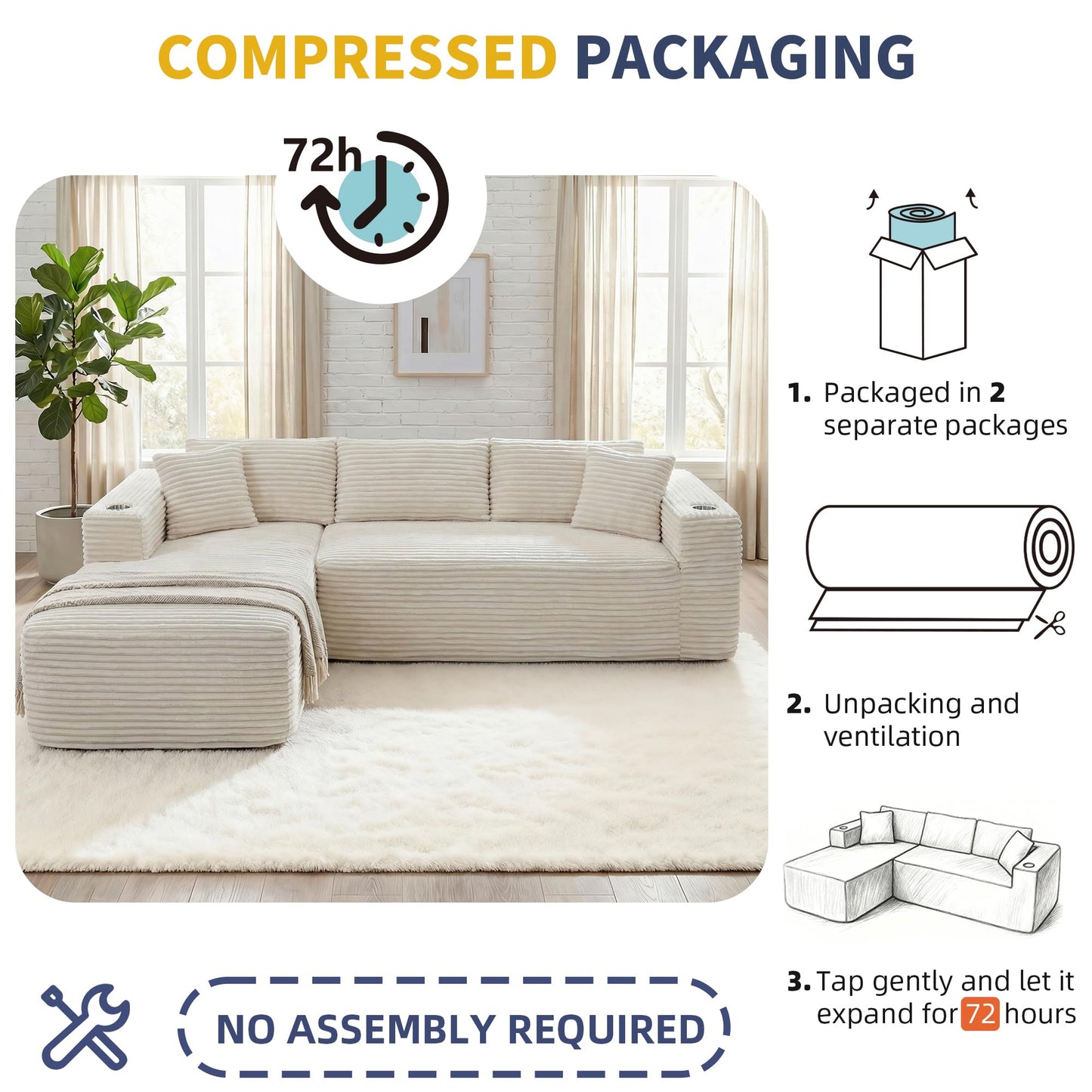 Shintenchi Boneless Couches for Living Room,Modular Sectional Sofa with 2 Cup Holders,Memory Foam Cloud Couch with L Shaped Oversized Chaise,No Assembly Needed Plush Corduroy Sofa,White