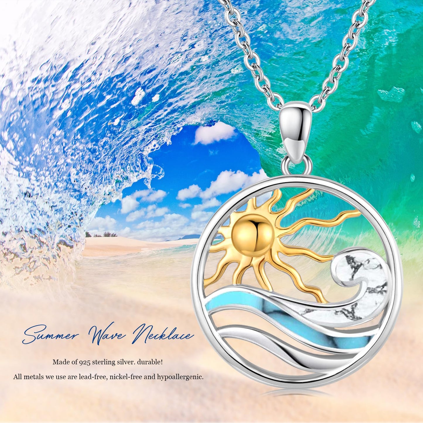 Midir&Etain Ocean Wave Necklace 925 Sterling Silver Sun Pendant Necklace Turquoise Sea Summer Pendant Beachy Wave Jewelry for Women Men