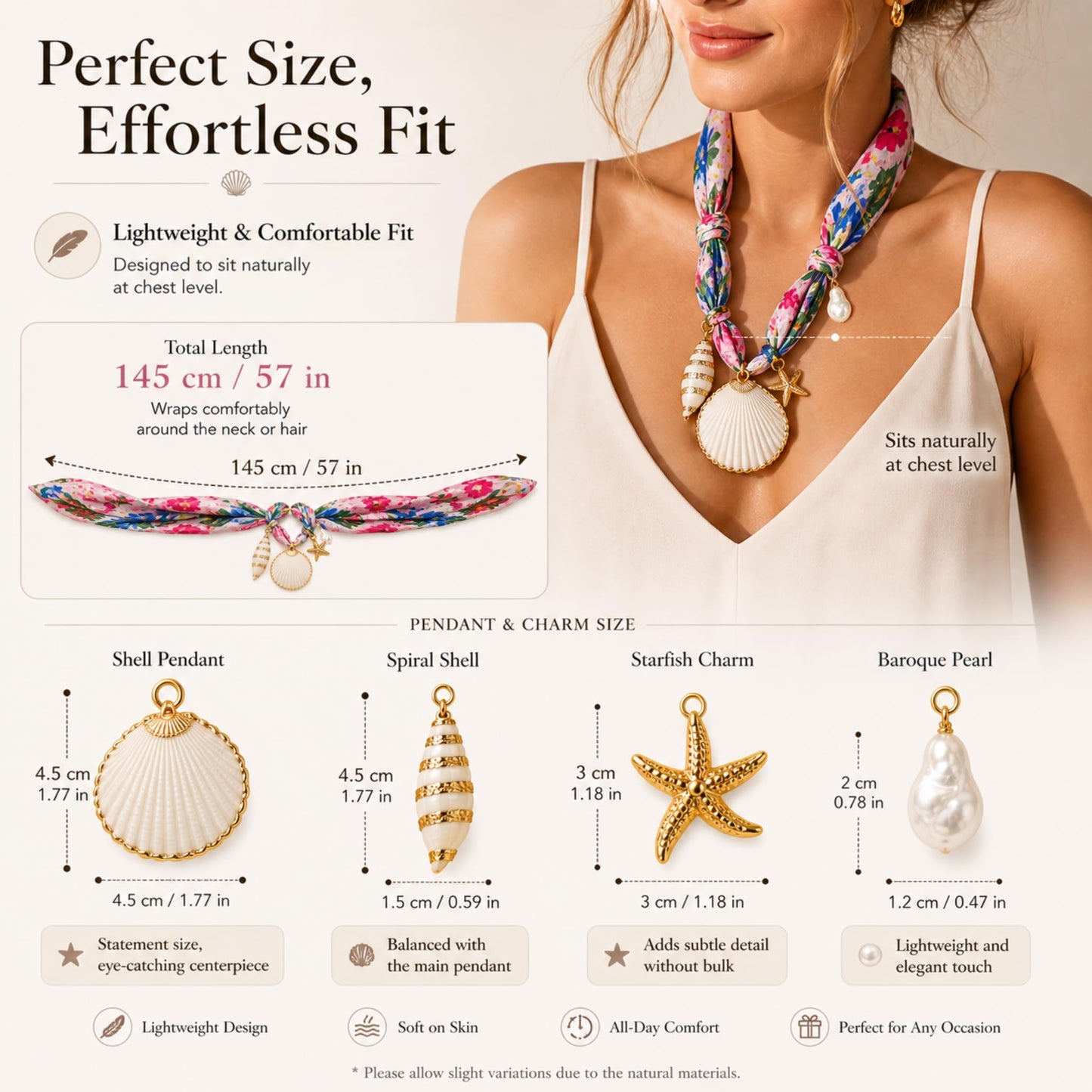 UQRUI Floral Scarf Necklace with Charm for Women, Tropical Shell Pendant Jewelry, Boho Summer Beach Vacation Accessories