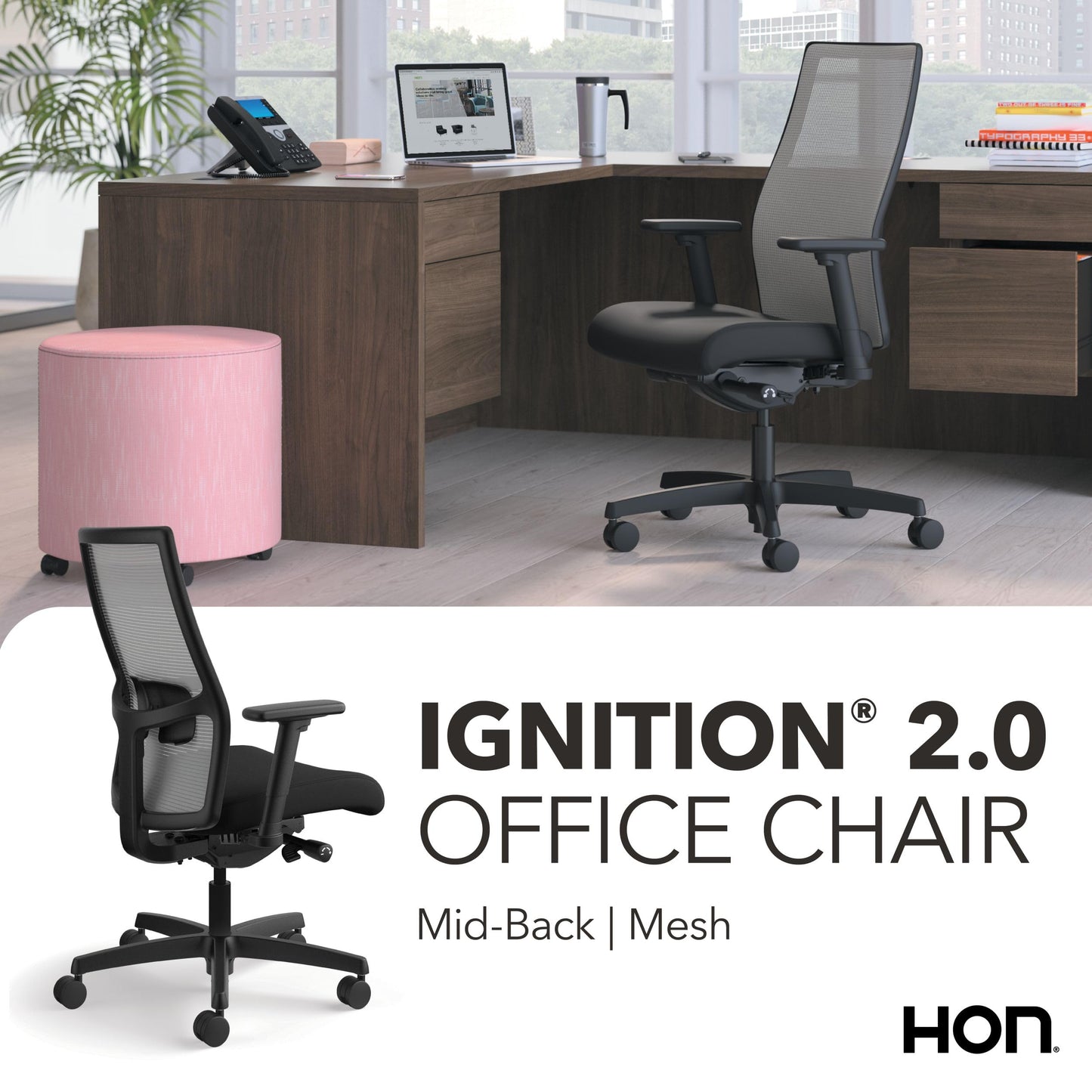 HON Ignition 2.0 Ergonomic Office Chair Fabric Seat, Adjustable Tilt, Swivel Wheels, Comfy for Long Hours, Home Office Desk Chairs, Fog