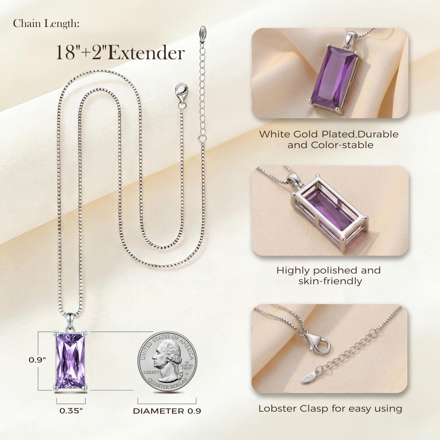Kuschelkatze 8mm x 16mm Square June Birthstone Alexandrite Pendant Necklace – Fashion charming Sterling Silver Gift for women