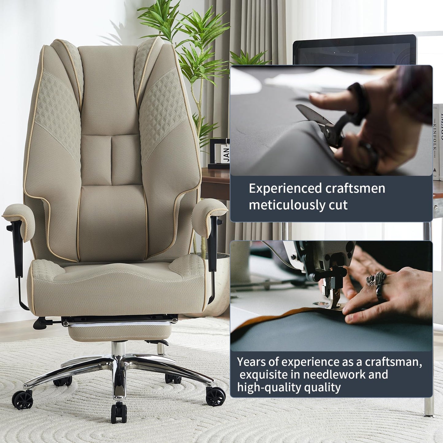 EXCEBET Big and Tall Office Chair 400lbs Wide Seat, Leather High Back Executive Office Chair with Foot Rest, Ergonomic Chairs Lumbar Support for Lower Back Pain Relief (Mesh Dark Beige)