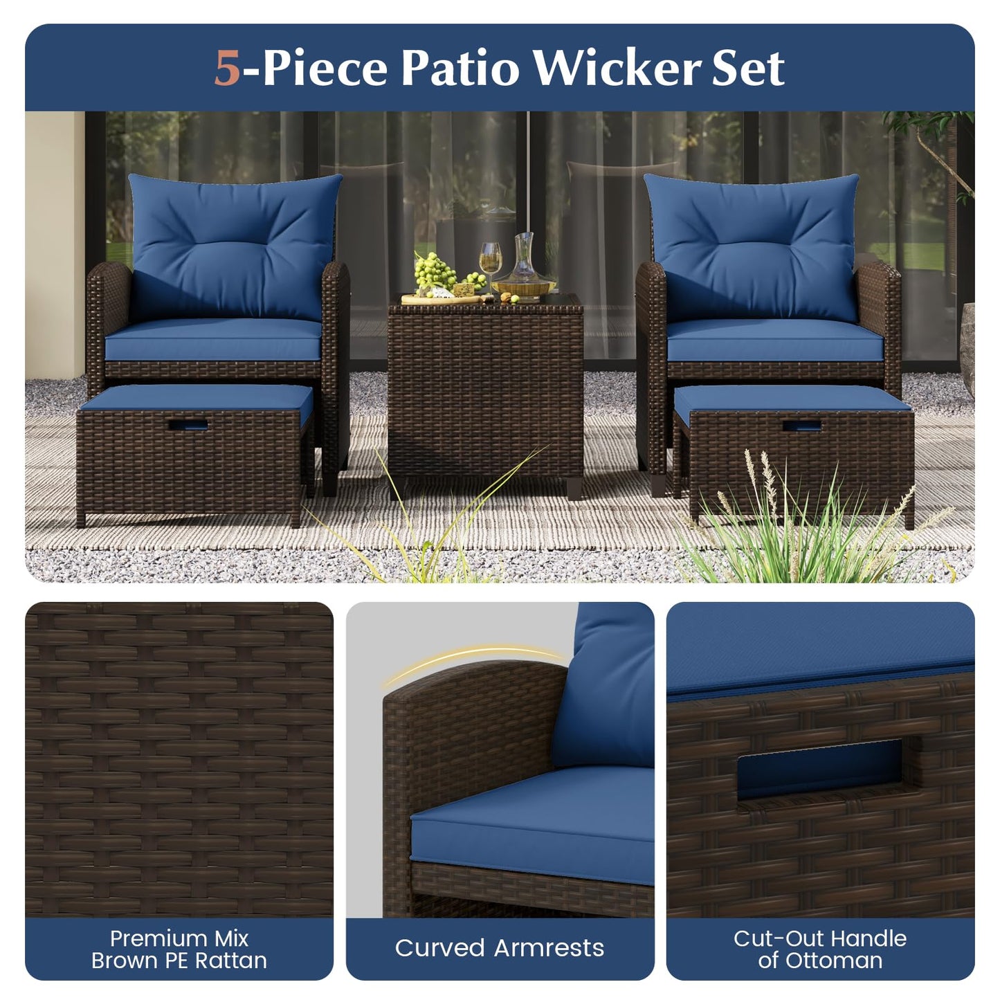 Tangkula 5 Pieces Patio Conversation Set, PE Wicker Rattan Outdoor Furniture Set with 2 Chairs, 2 Ottomans & Tempered Glass Coffee Table, Ideal for Poolside, Backyard, Lawn, Deck, Mix Brown & Navy