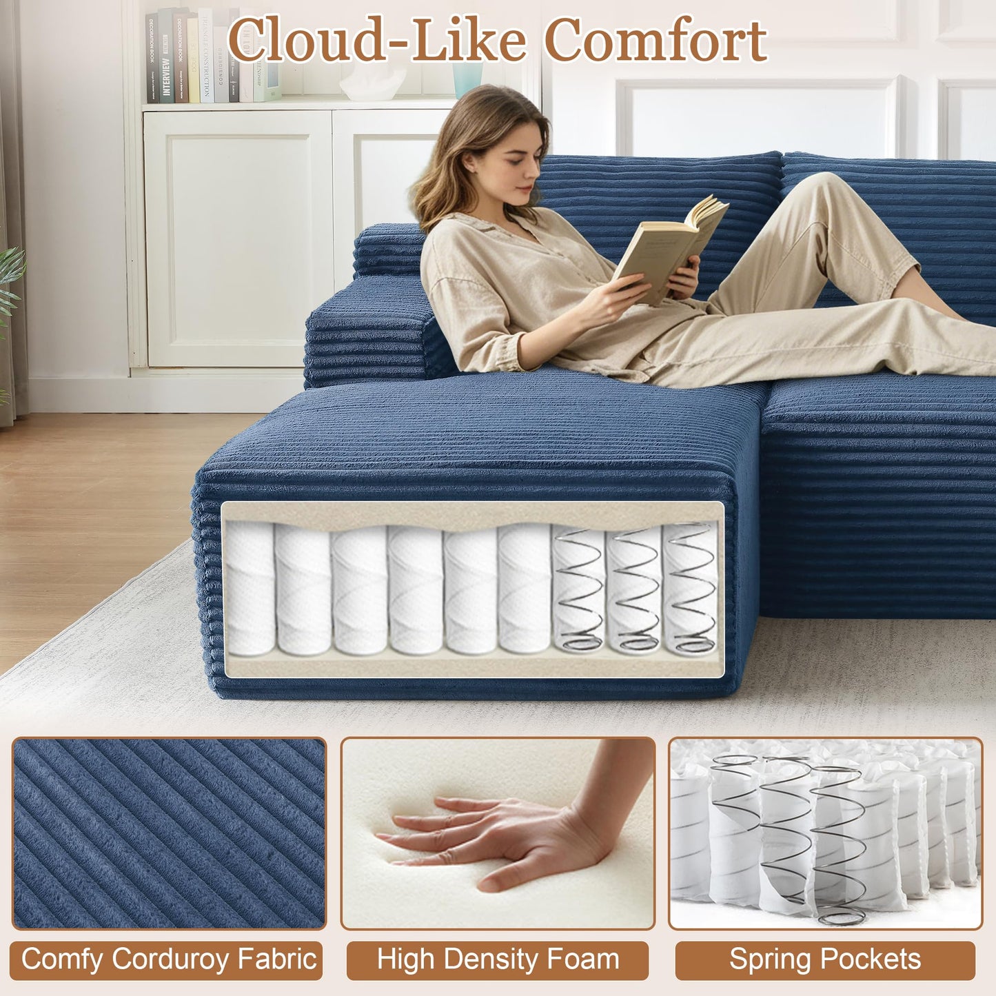96" L Shaped Cloud Sectional Couch with Chaise, Deep Seat Modular Sectional Sofa Corduroy Memory Foam Sofa Boneless Couches for Living Room Bedroom, No Assembly Required