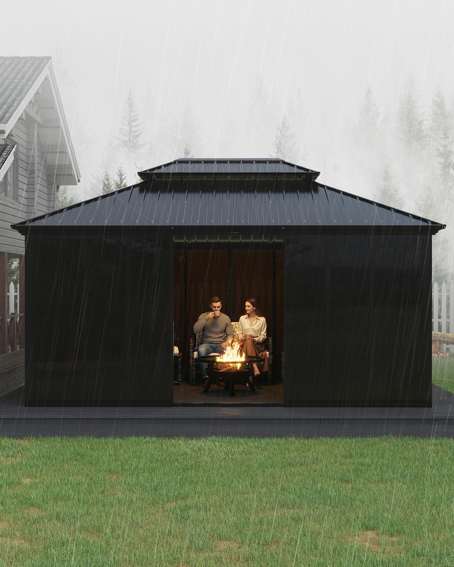 12x16ft Heavy Duty Outdoor Pavilion with Metal Frame, Permanent Solarium Sunroom Kit with PC Windows, Fully Sealed Screen Houses for Backyard, for Patio Winter Garden