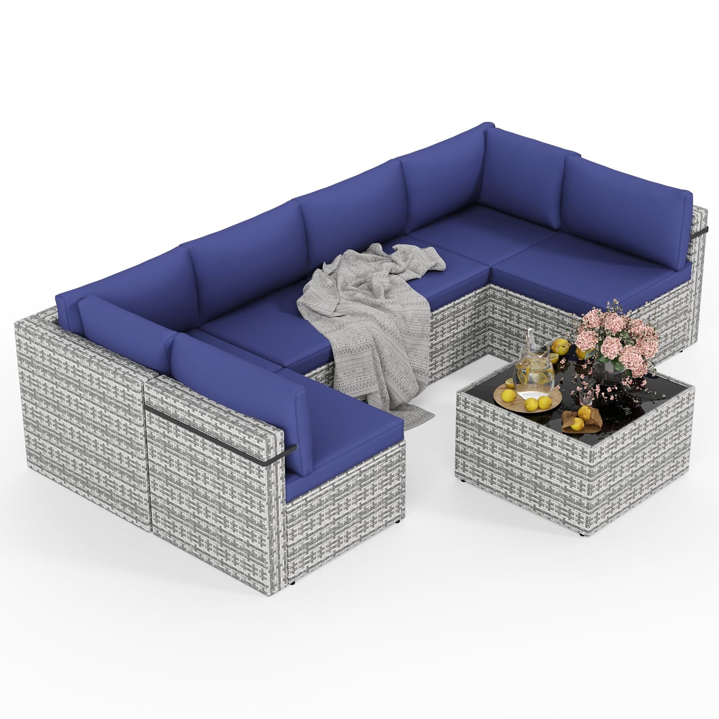 PATIOPIA 7-Piece Outdoor Sectional Sofa Set, Weather-Resistant Patio Furniture Set with Washable Cushions and Coffee Table, Grey Rattan Patio Conversation Set for Poolside, Backyard, Deck (Navy Blue)