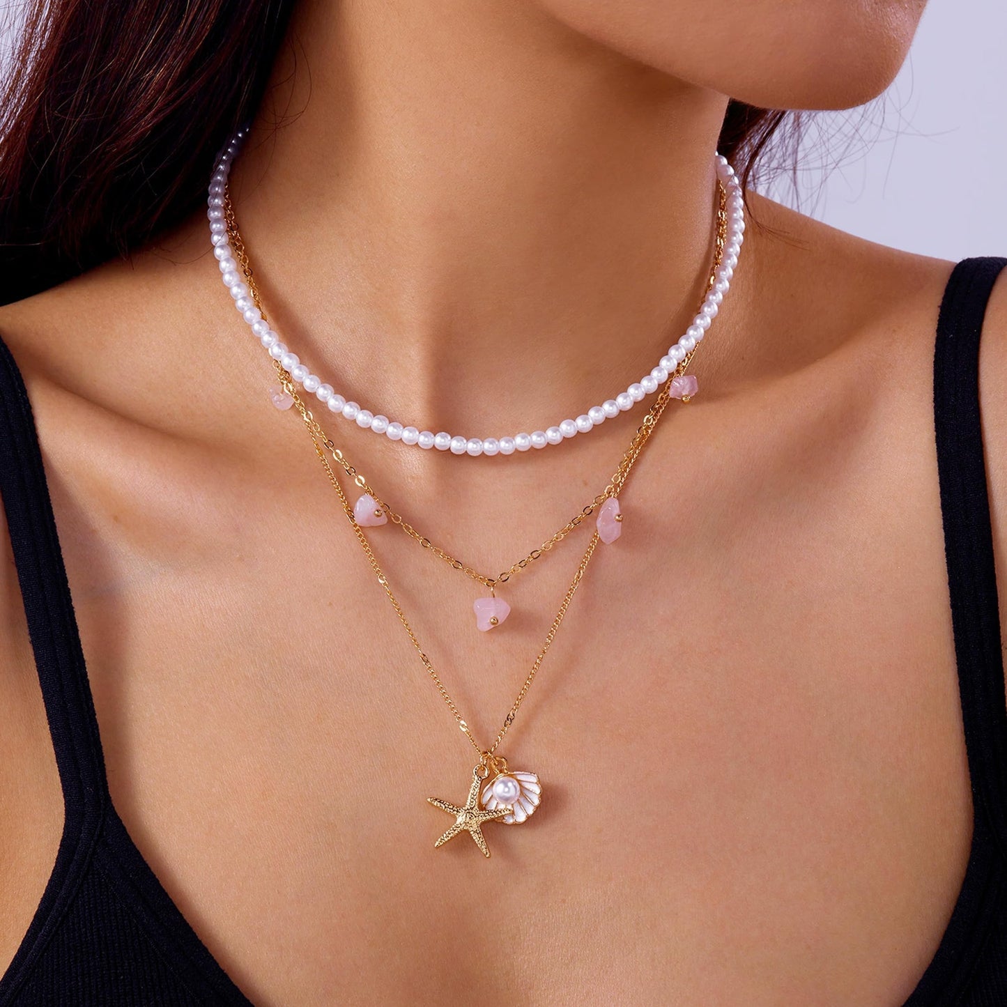 KummerSaprk Seashell Necklace Summer Vacation Jewelry for Women Gold Beachy Necklace Stack Starfish Flower Cowrie Sea Shell Pendant Necklaces Summer Essentials Accessories Gifts