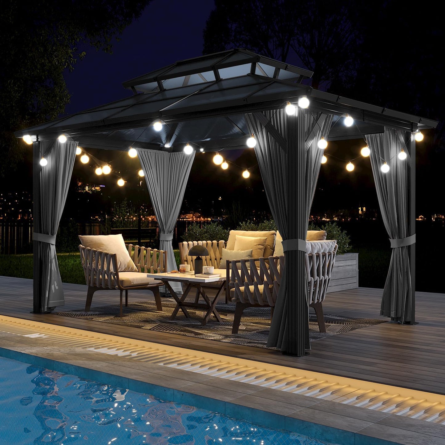 12'x10' Hardtop Gazebo, Aluminum Permanent Pavilion with Polycarbonate Double Roof, Removable Curtains & Mosquito Netting for Patio, Garden, Lawn, Upgrade Your Outdoors: Heavy Duty Hardtop Gazebo