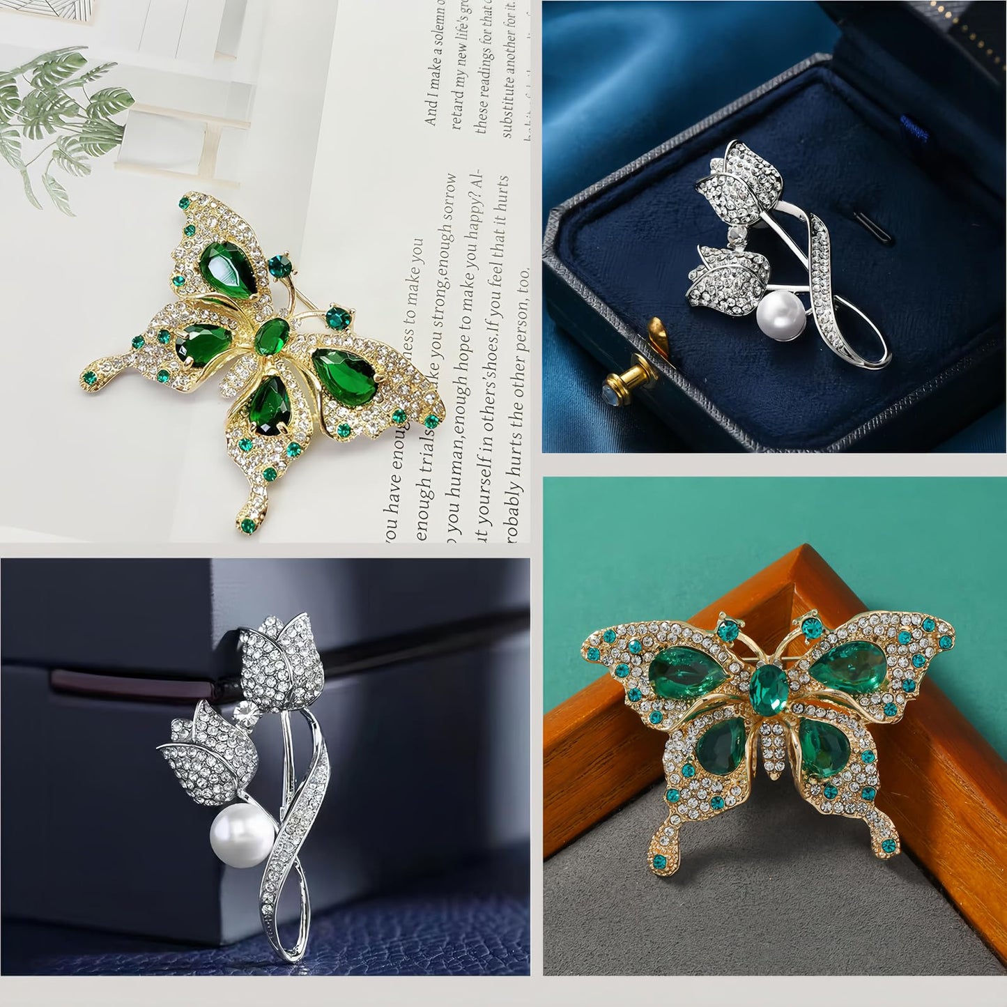 Yaximhozz 2pcs Rhinestone Brooch Pin for Women Dress Elegant Stylish Crystal Brooches Fashion Accessories Pins Lapel Boutonniere Ideas Wedding Christmas Birthday Jewelry Easter Gift (12 Green Butterfly/Silver)