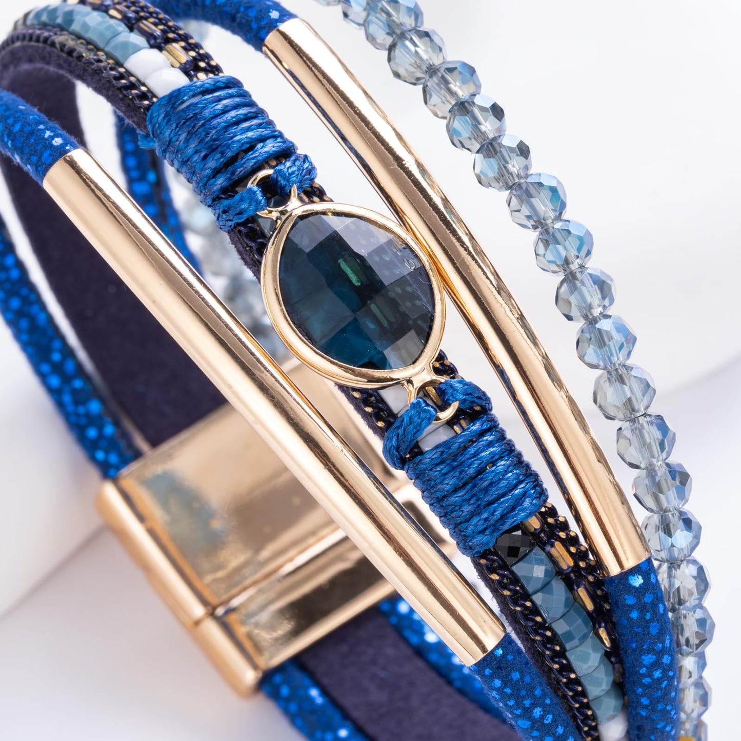 FANCY SHINY Leather Wrap Bracelets Crystal Beads Bracelet Boho Cuff Stone Charm Bracelets with Clasp Costume Jewelry for Women(Navy Blue)