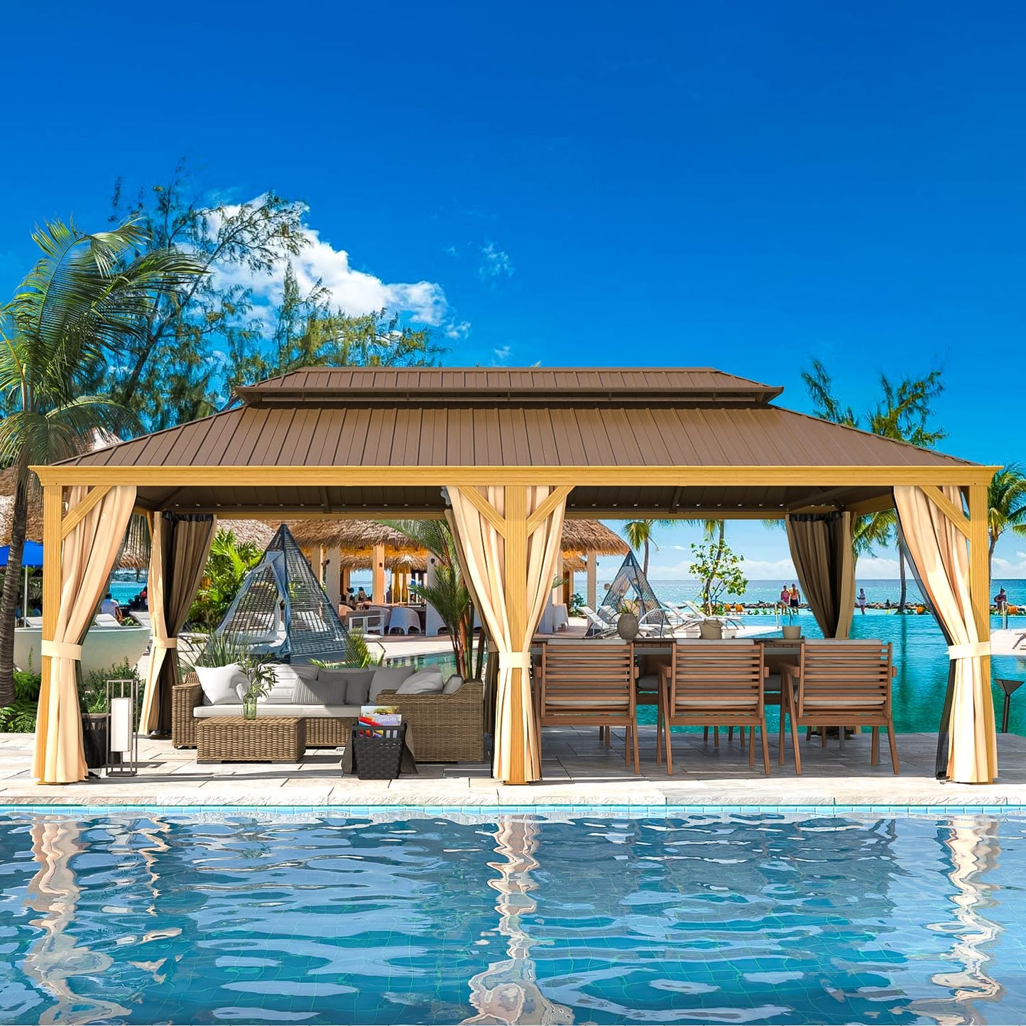 EROMMY 14'x22' Hardtop Gazebo, Galvanized Steel Double Roof with Wood Grain Aluminum Frame, Outdoor Gazebo with Curtains and Nettings for Patio, Backyard and Deck