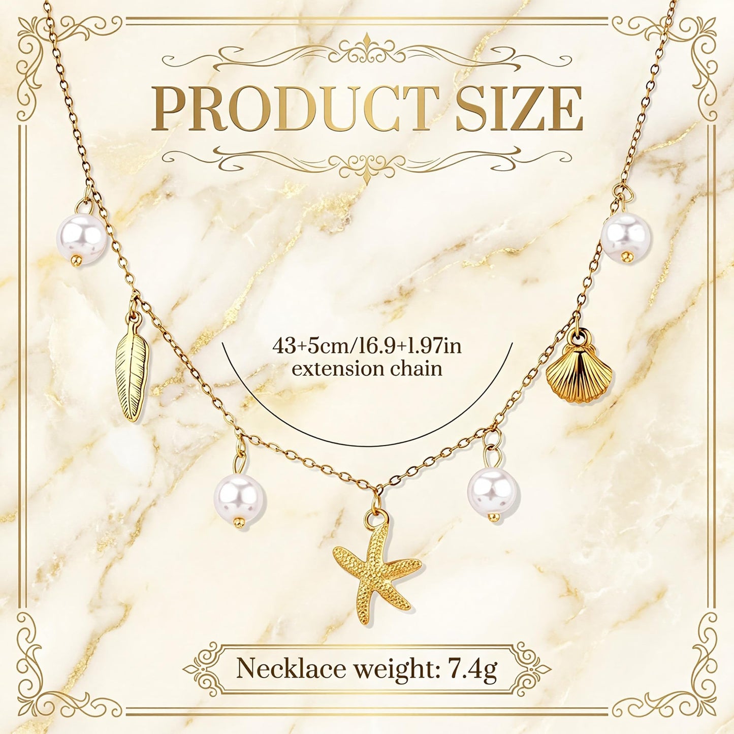 Shell Starfish Necklace for Women, 14k Gold Plated Boho Layered Beaded Charm Pendant Necklace, Dainty Adjustable Pearl Conch Summer Beach Vacation Jewelry Gifts(Starfish&Pearl)