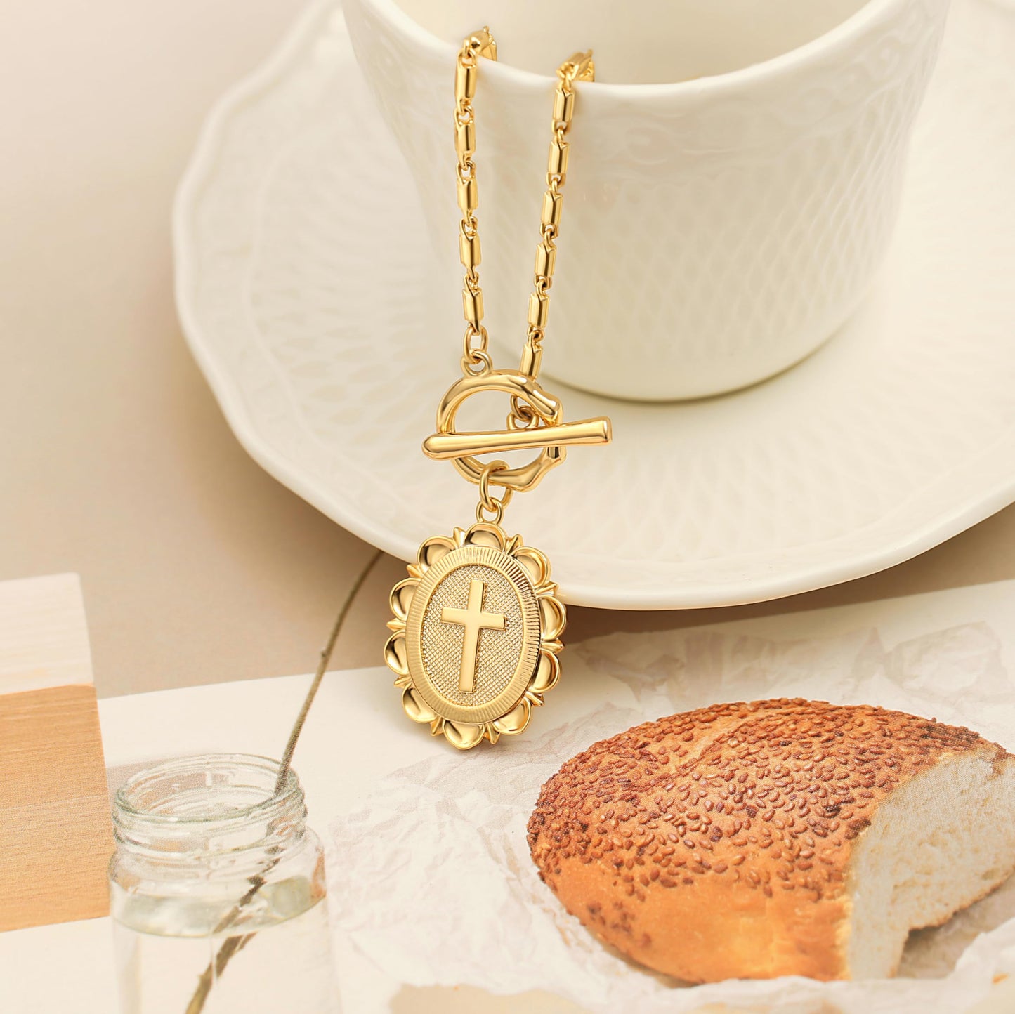 PEARLADA Dainty Cross Necklace for Women, Statement 18k Gold Plated Toggle Necklace, Vintage Christian Jewelry