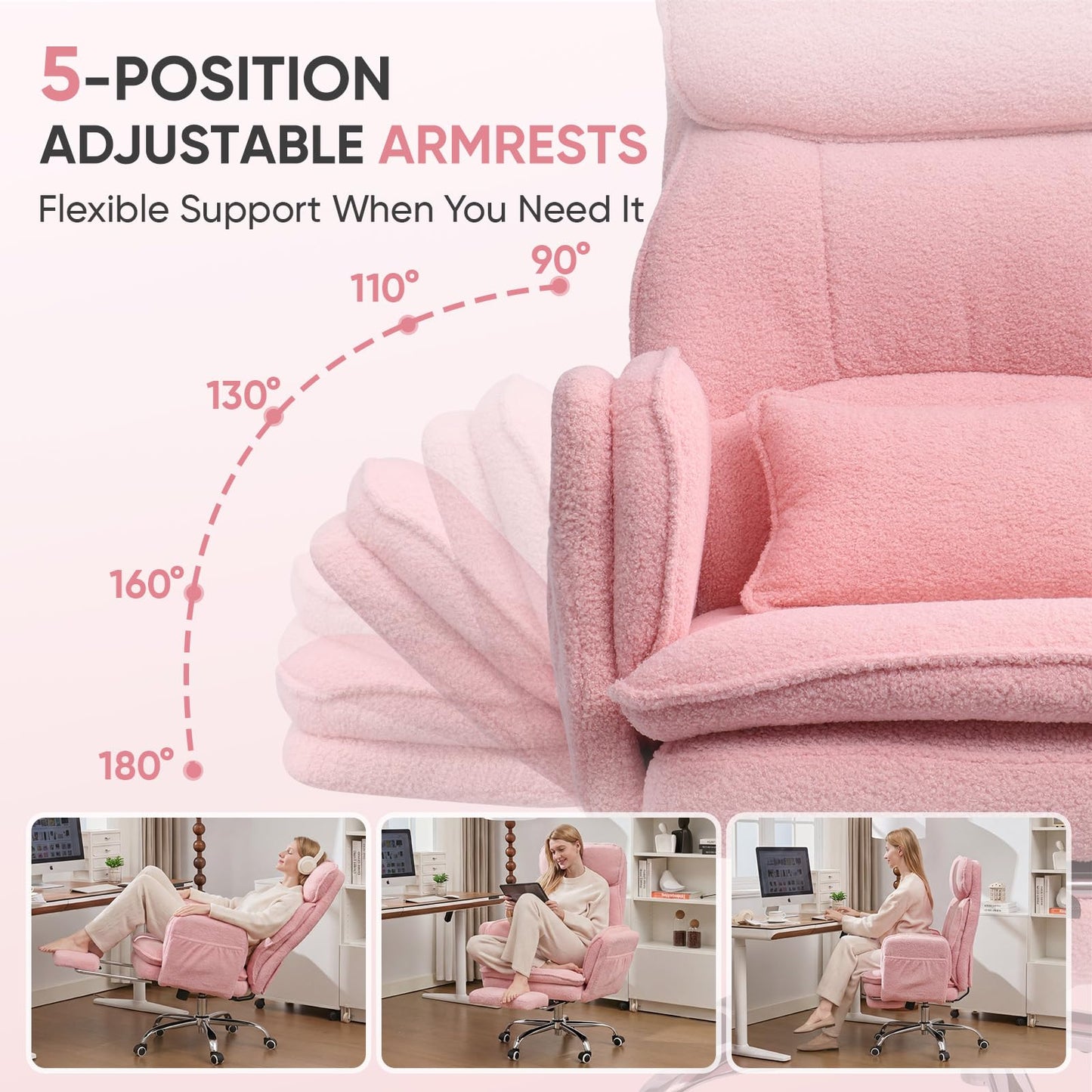 EGSEAT Big and Tall Office Chair with Flip Armrests, Cross Legged Office Chair with Storage Pockets, Comfortable Reclining Computer Chair with Foot Rest, Wide Home Desk Chair, Teddy Fleece, Pink