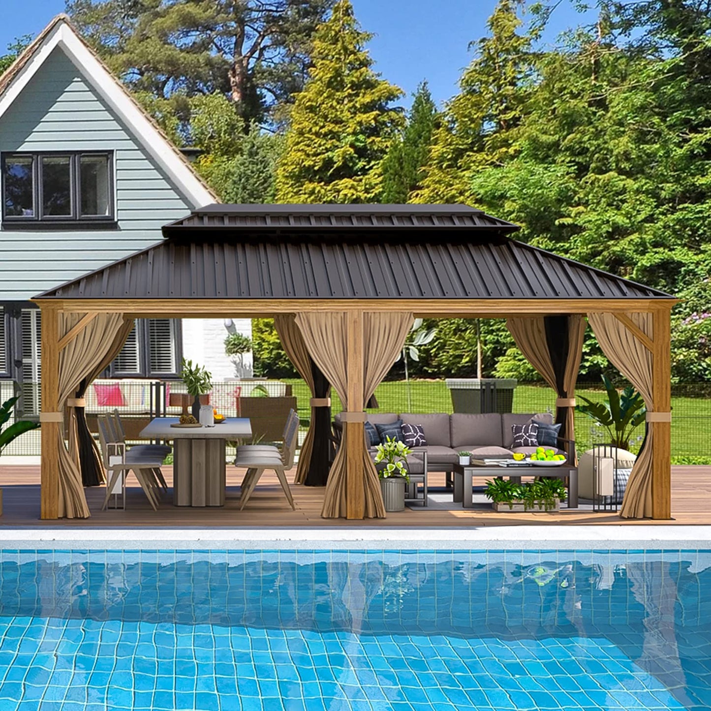 EROMMY 12'x20' Gazebo, Galvanized Steel Double Roof with Wood Grain Aluminum Frame, Outdoor Permanent Metal Pavilion with Curtains and Nettings for Patio, Backyard and Deck
