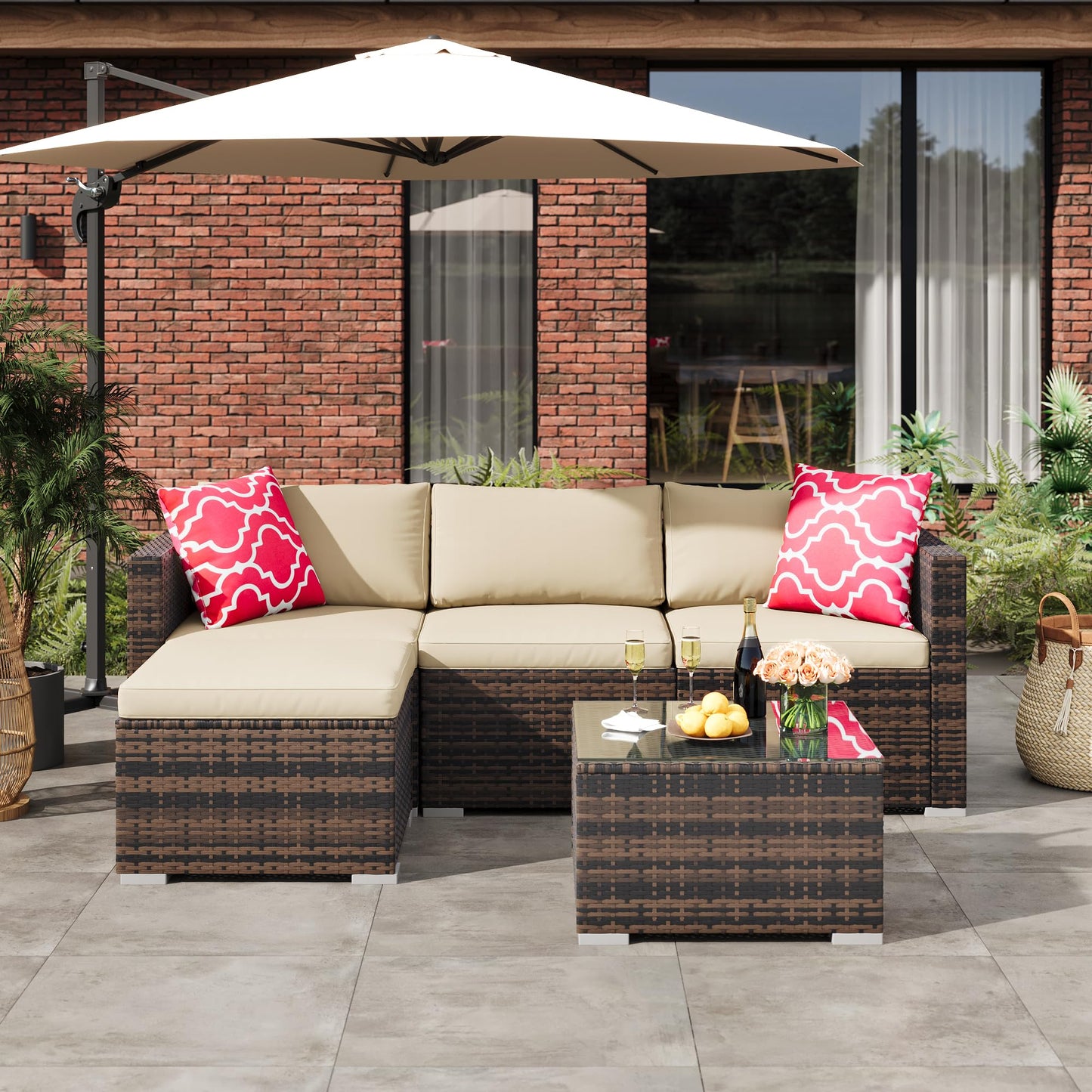 MilleLoom 5-Piece Outdoor Sectional Sofa Set, All-Weather PE Rattan Patio Furniture with Ottoman & Tempered Glass Table, Convertible Garden Couch for Backyard, Porch, Poolside (Brown/Khaki)