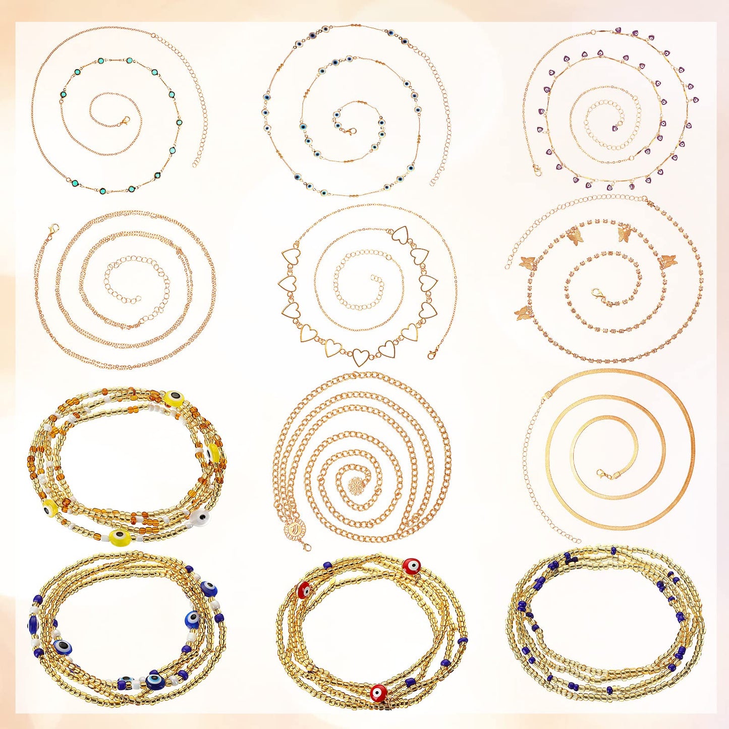 12 Pcs Waist Beads Body Jewelry Beach Bikini Belly Beads Waist Chains for Women Adjustable Belly Necklace Stomach Jewelry Chain Women's Body Chains(Classic Style)