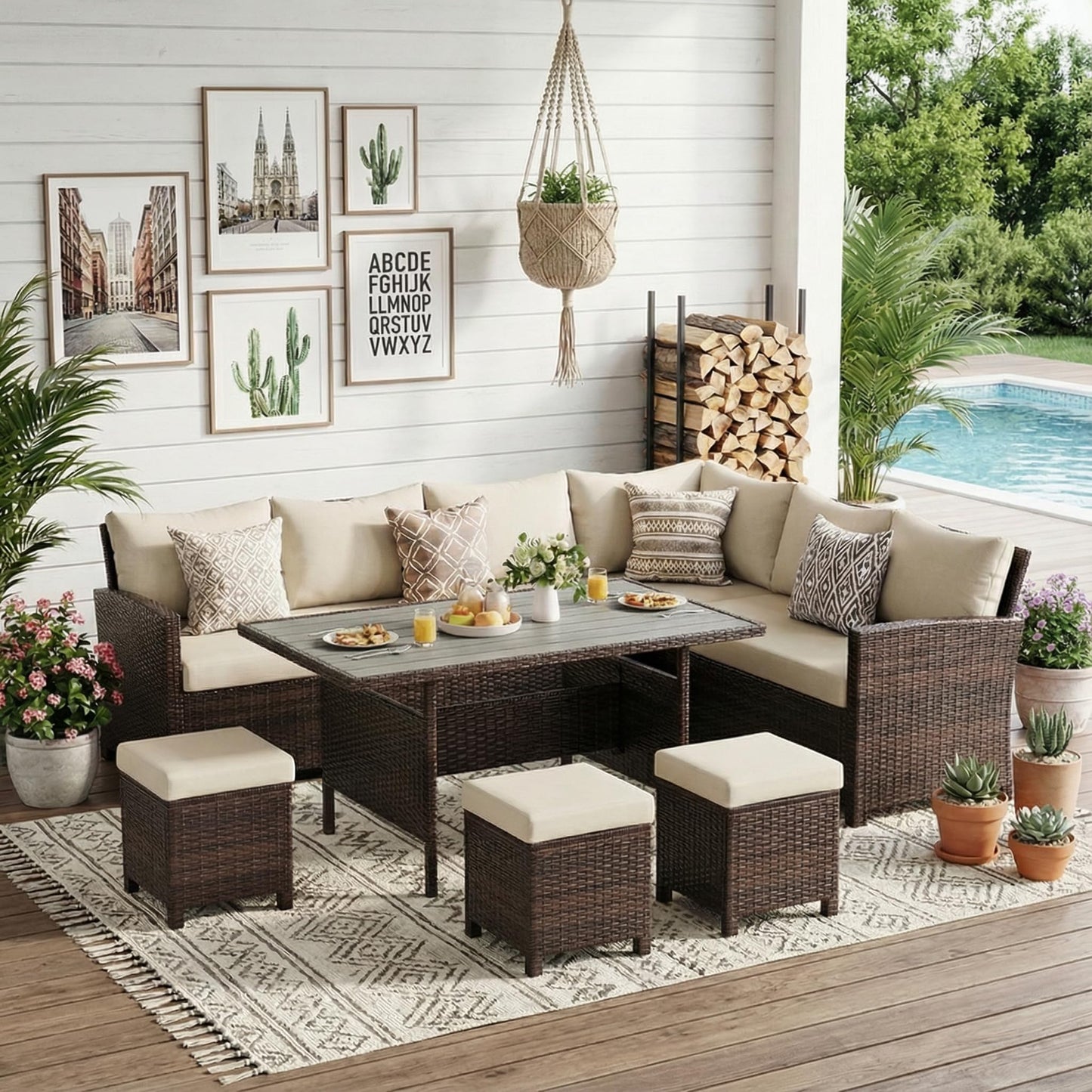 Wisteria Lane 7 Piece Patio Furniture Set, High Curved Back Wicker Patio Sectional, All Weather Outdoor Dining Set, Outdoor Furniture Patio Conversation Set with Ottoman, Ivory