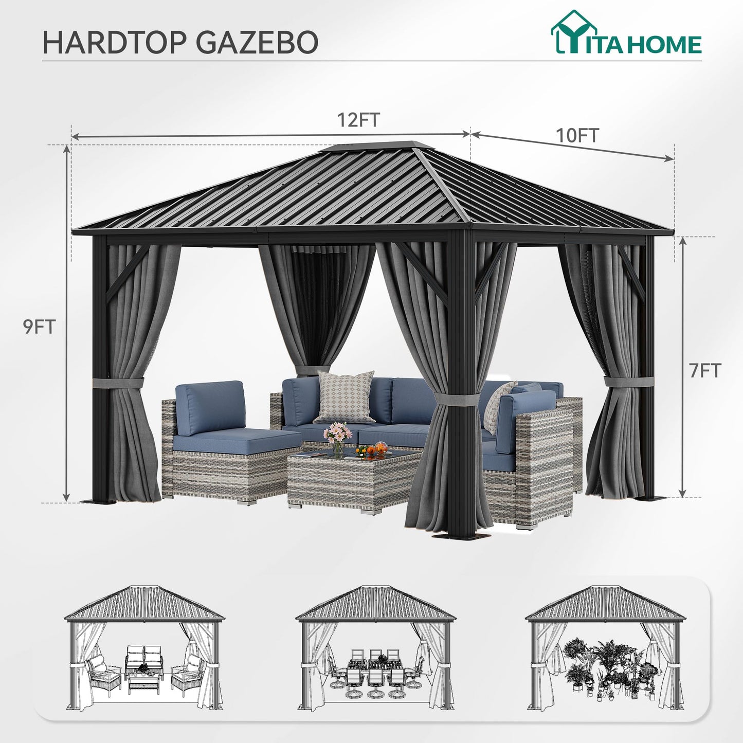 YITAHOME 10'X12' Single Hardtop Gazebo Metal Outdoor Patio Galvanized Iron Aluminum Column Garden Tent Curtains Netting for Backyards Decks Lawns,Gray