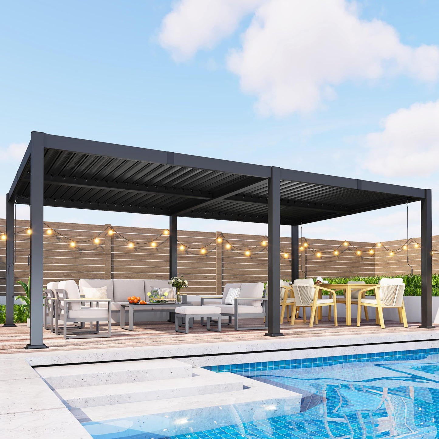 Louvered Pergola, 12' x 20' Outdoor Pergola, Metal Patio Gazebo with Adjustable Louvers Roof and Gutter System, Metal Hardtop Gazebo for Patio, Backyard, Deck, Garden, Dark Gray