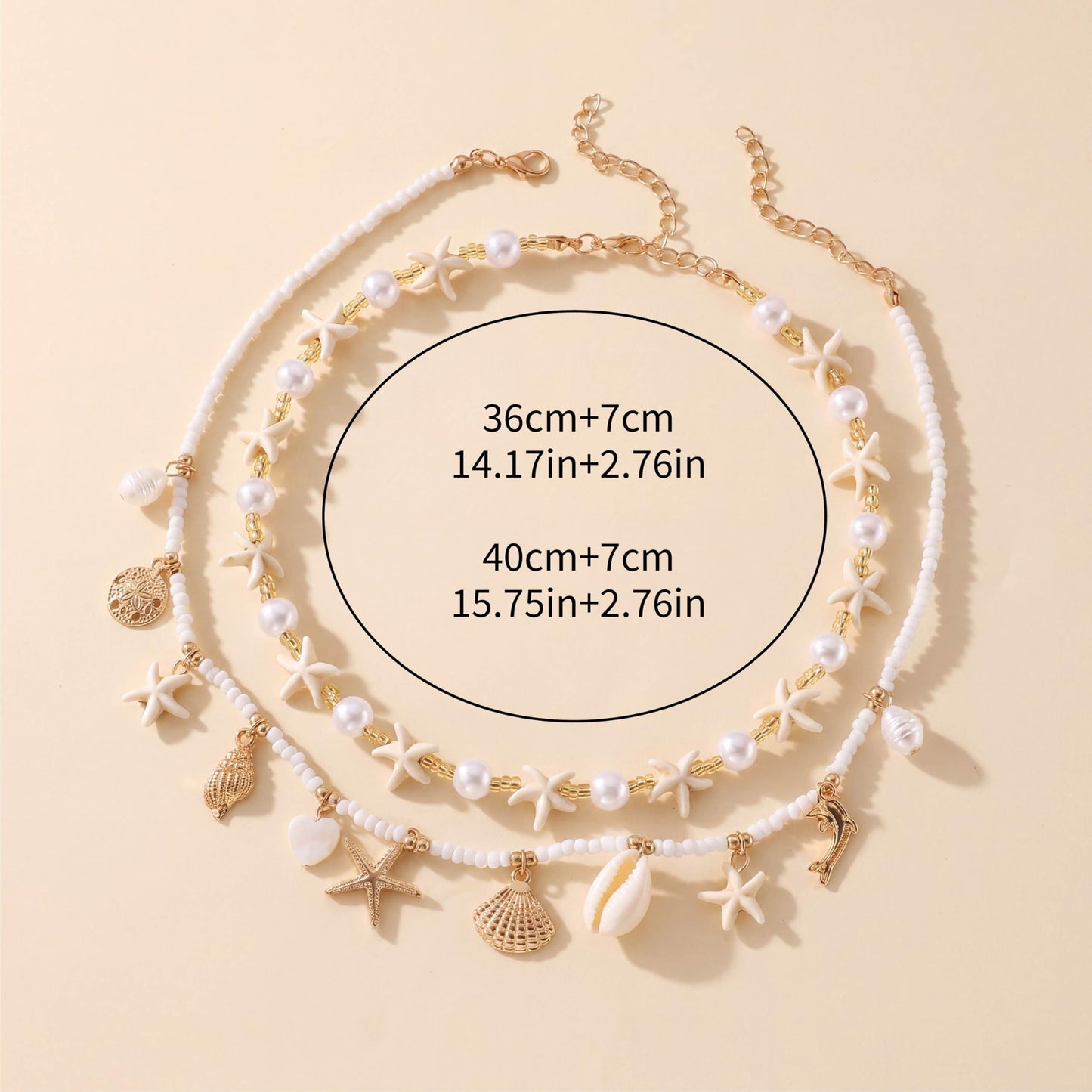 Shell Starfish Necklace for Women, Gold Plated Layered Pendant Necklace with Pearl Conch Charms, Boho Coastal Summer Beach Vacation Jewelry Gifts(Charm 2P)