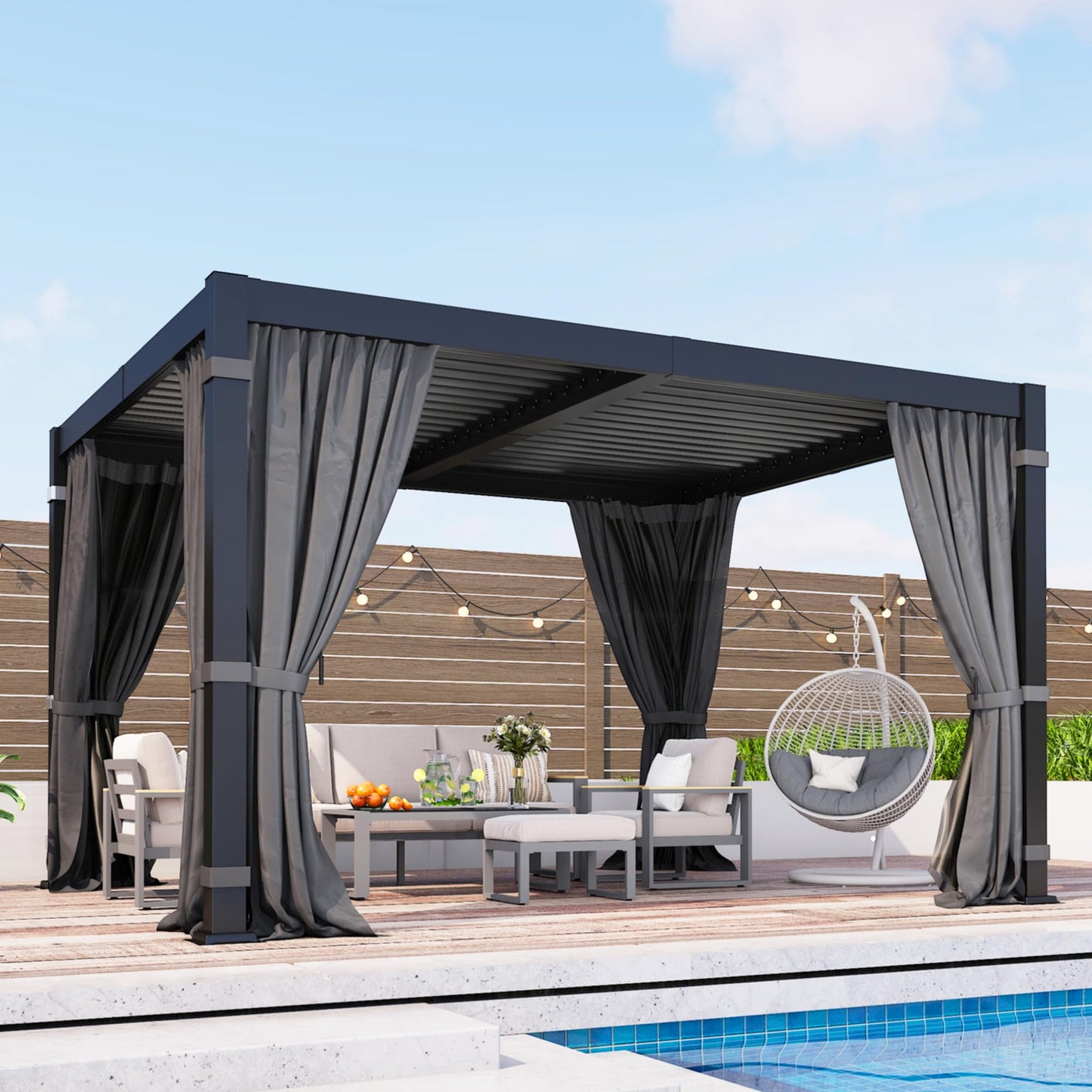 10' x 12' Louvered Pergola, Metal Outdoor Pergola with Adjustable Louvered Roof, Curtains & Netting, Patio Hardtop Gazebo with Gutter System for Deck, Garden, Yard, Dark Gray