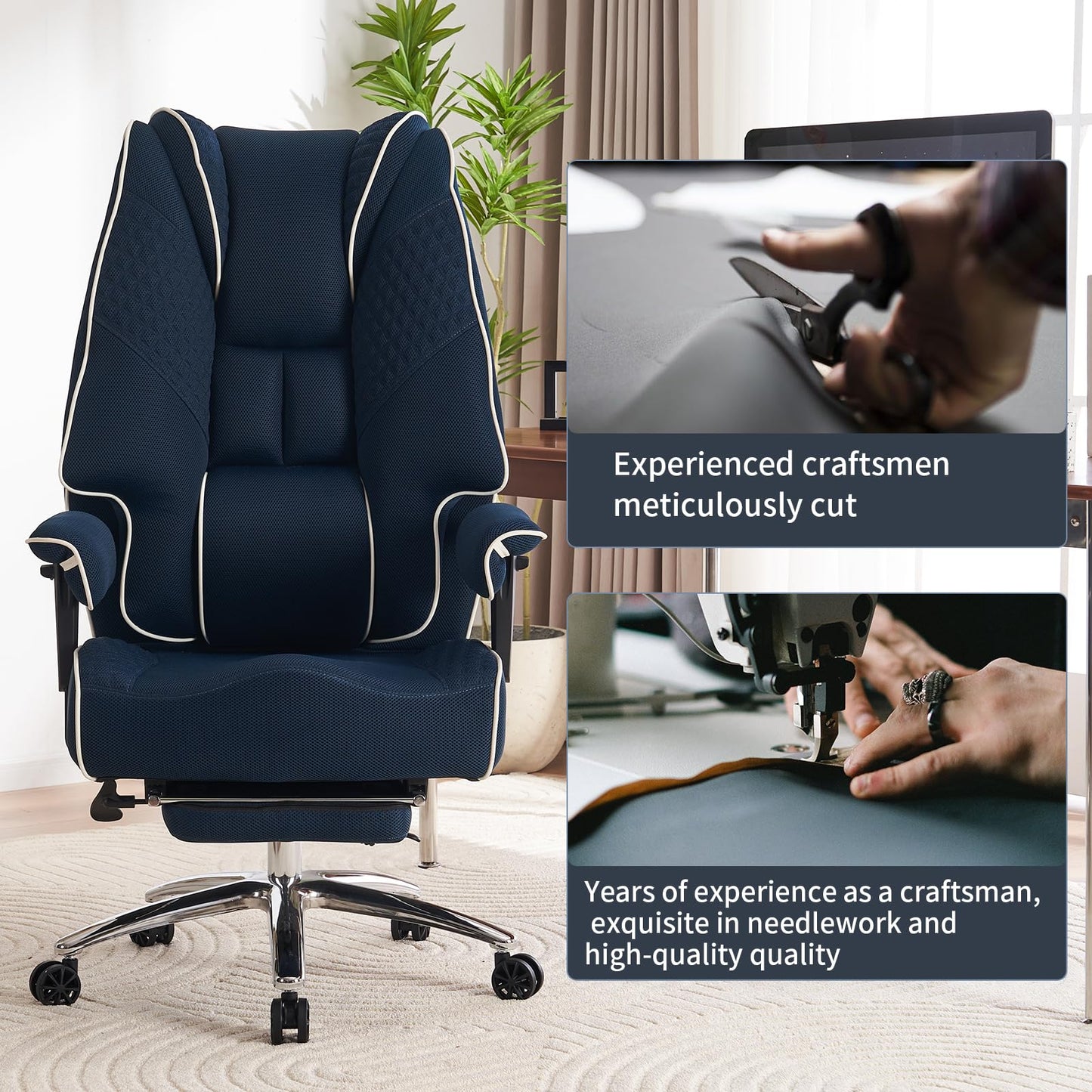 EXCEBET Big and Tall Office Chair 400lbs Wide Seat, Leather High Back Executive Office Chair with Foot Rest, Ergonomic Chairs Lumbar Support for Lower Back Pain Relief (Mesh Dark Blue)