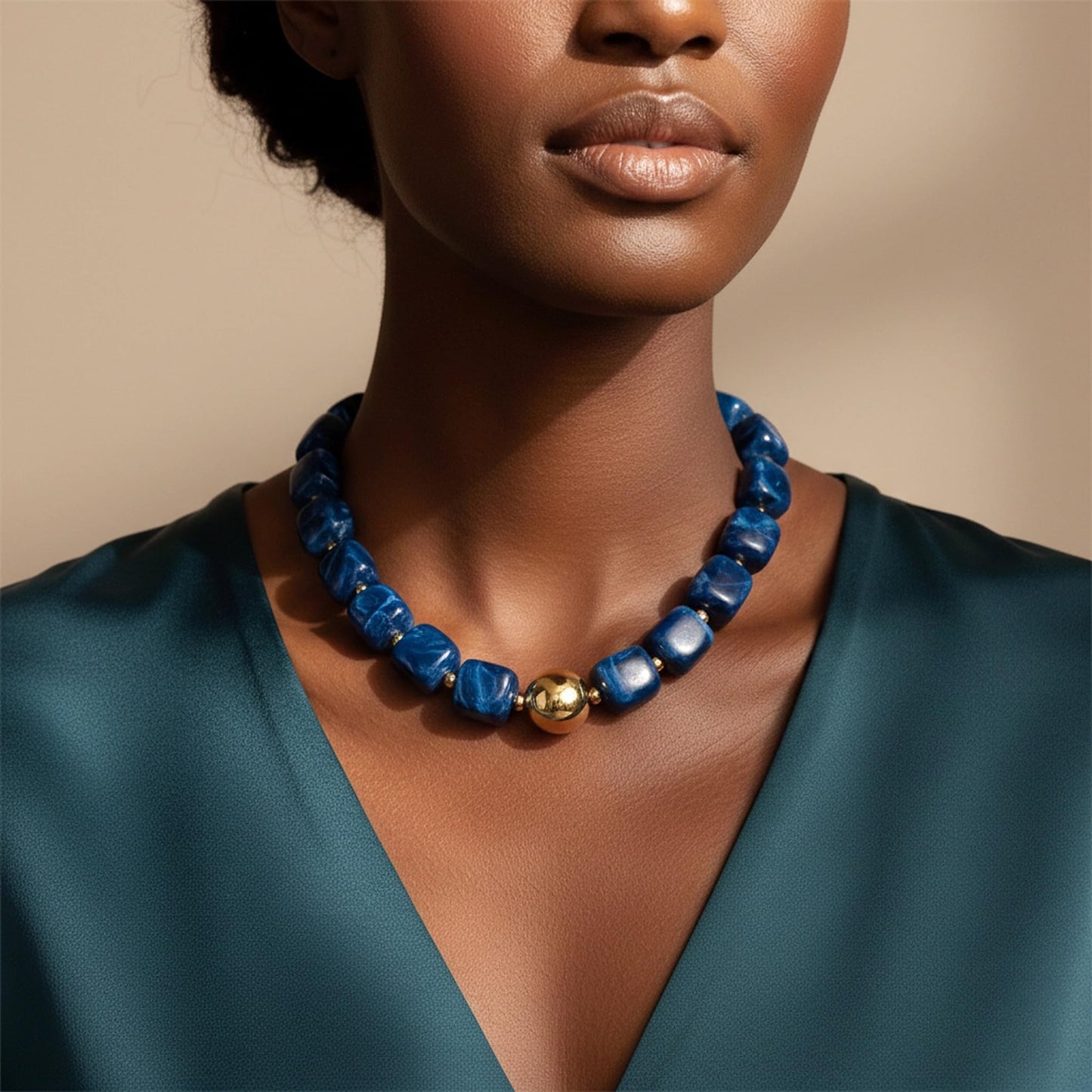 WOWORAMA Blue Chunky Beaded Necklace for Women Navy Blue Large Square Acrylic Beads Necklace Statement Chunky Choker Necklaces Summer Boho Jewelry
